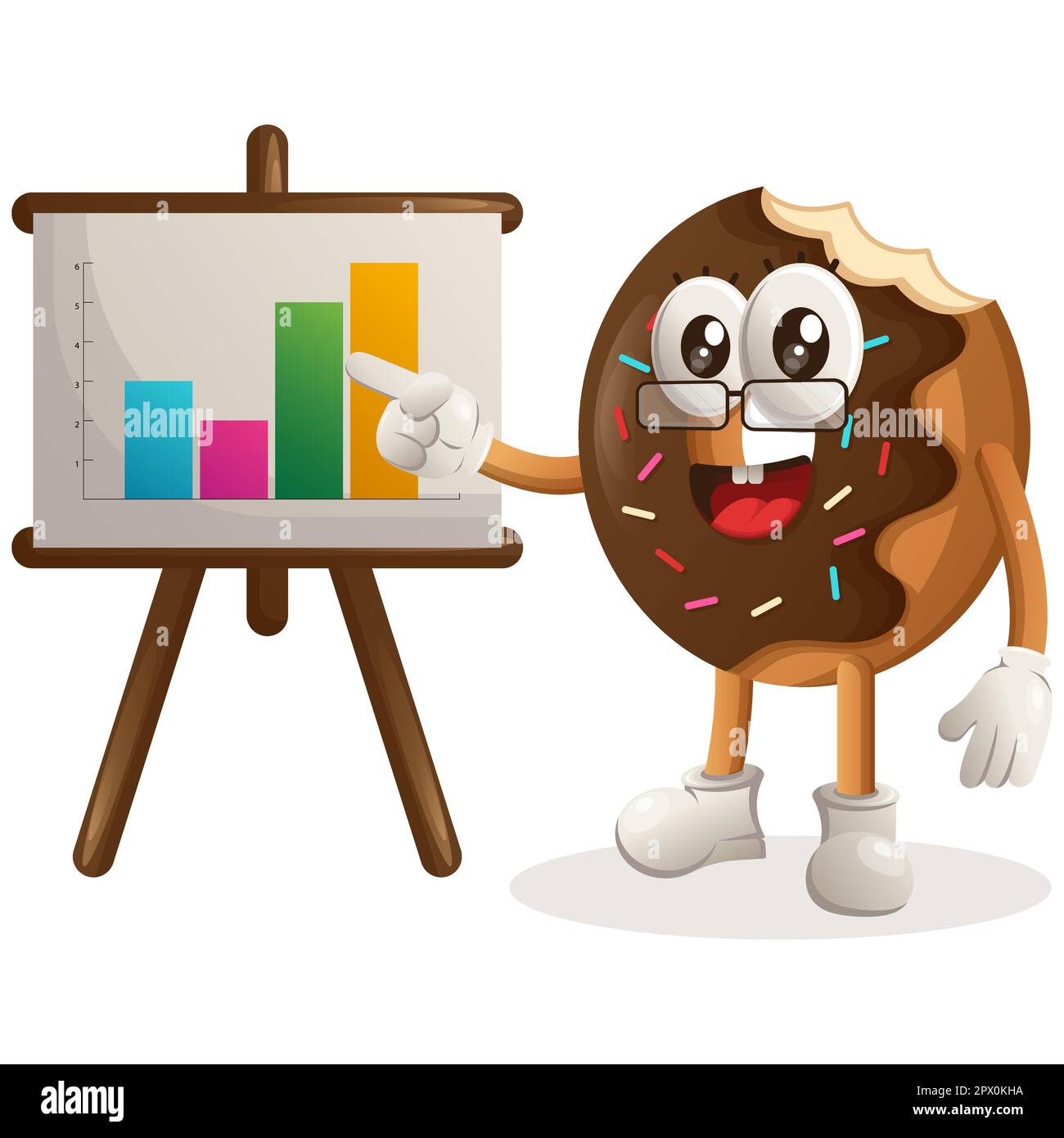 La mascotte mignon de beignet donne la présentation de rapport, montre des graphiques de colonne. Idéal pour les magasins d'alimentation, les petites entreprises ou le commerce électronique, la marchandise et l'autocollant, Ban Illustration de Vecteur