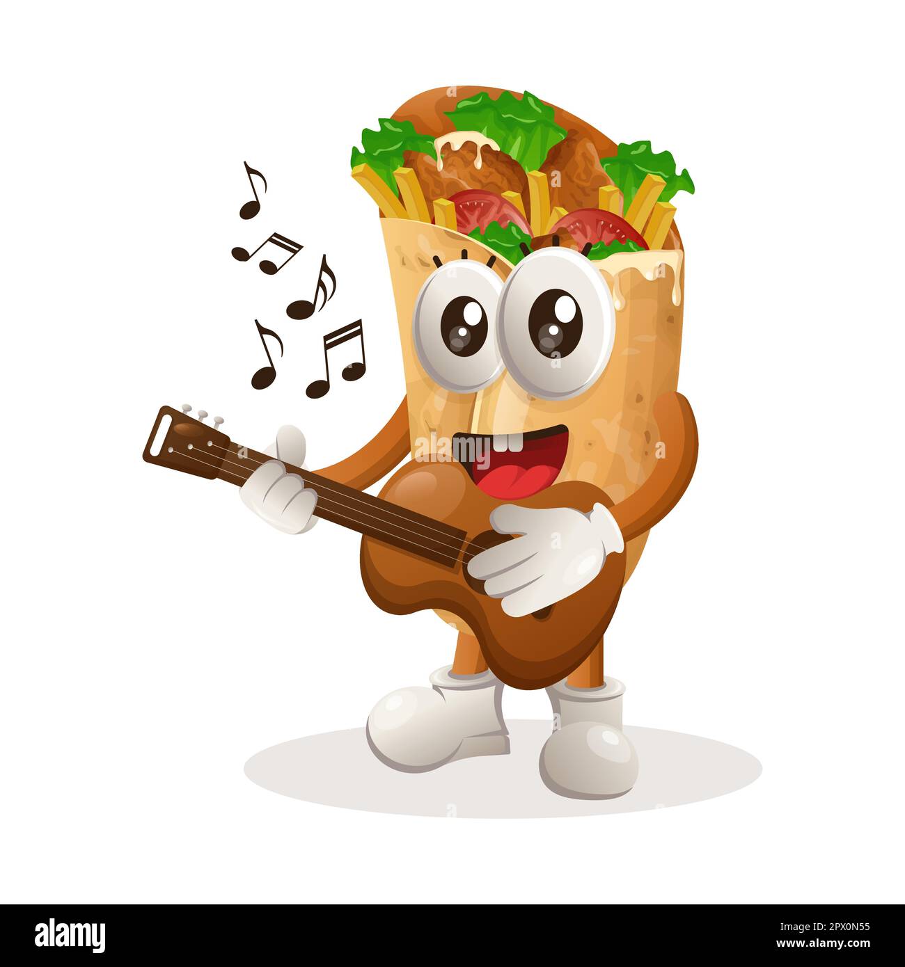 Jolie mascotte burrito jouant de la guitare. Idéal pour les magasins d'alimentation, les petites entreprises ou le commerce électronique, la marchandise et l'autocollant, la promotion de bannière, le blog de revue de nourriture Illustration de Vecteur