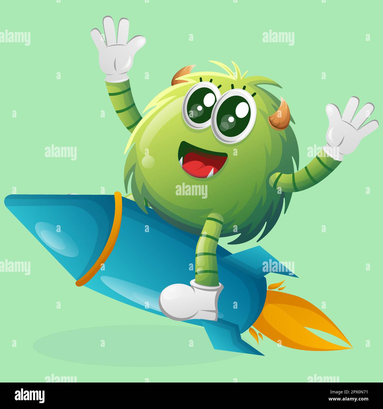 Monstre vert mignon volant sur la fusée. Idéal pour les enfants, les petites entreprises ou le commerce électronique, les marchandises et les autocollants, la promotion de bannière, le blog ou le canal vlog Illustration de Vecteur