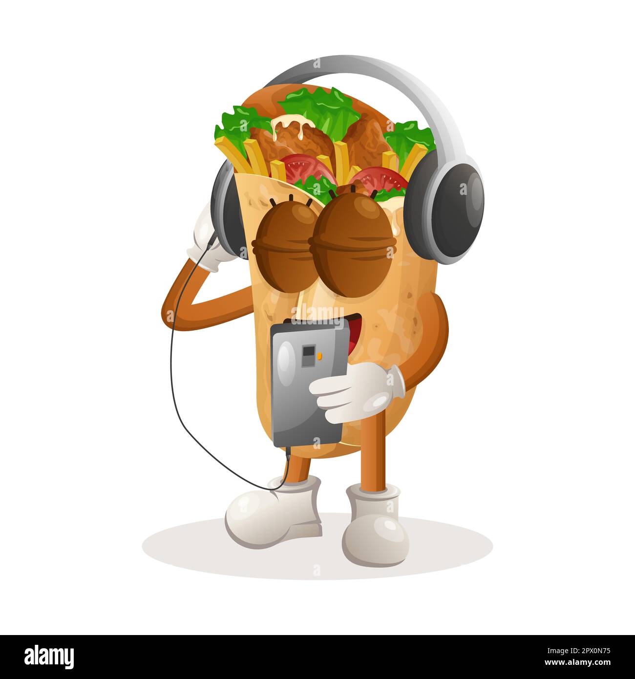 Adorable mascotte burrito écoutant de la musique sur un smartphone à l'aide d'un casque. Idéal pour les magasins d'alimentation, les petites entreprises ou le commerce électronique, les marchandises et les autocollants, Illustration de Vecteur