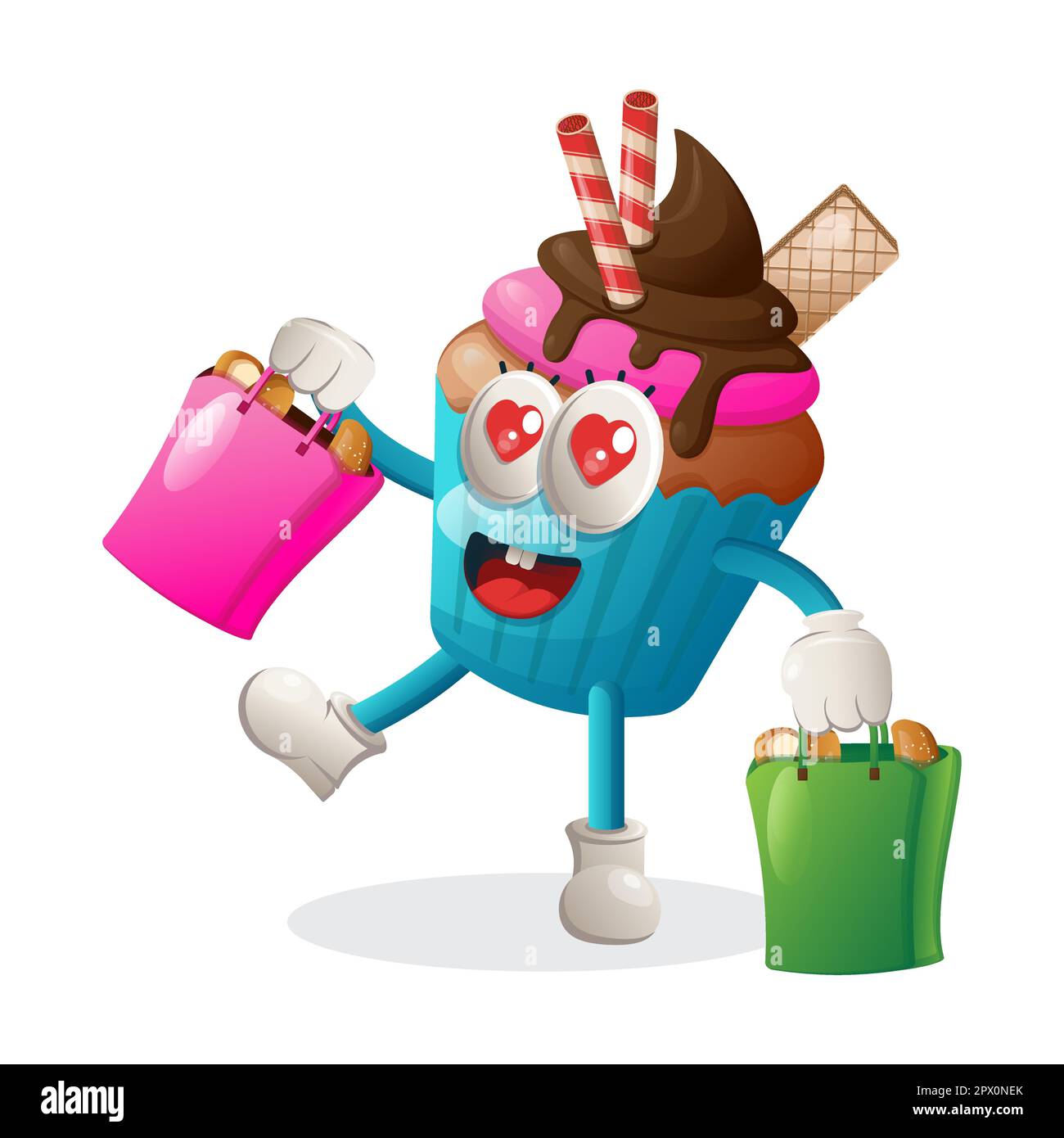 Mignon petit gâteau mascotte faire du shopping. Idéal pour les magasins d'alimentation, les petites entreprises ou le commerce électronique, la marchandise et l'autocollant, la promotion de bannière, le blog de revue de nourriture Illustration de Vecteur