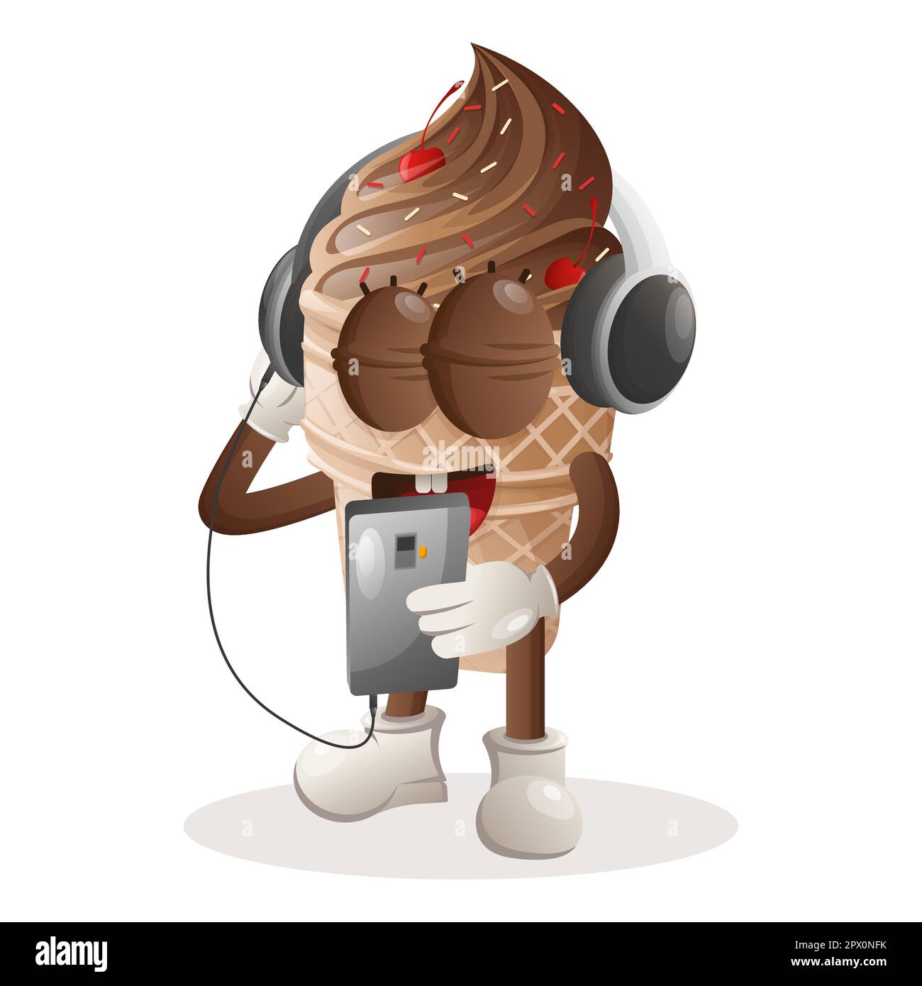 Une adorable mascotte de crème glacée qui écoute de la musique sur un smartphone à l'aide d'un casque. Idéal pour les magasins d'alimentation, les petites entreprises ou le commerce électronique, les marchandises et les autocollants Illustration de Vecteur