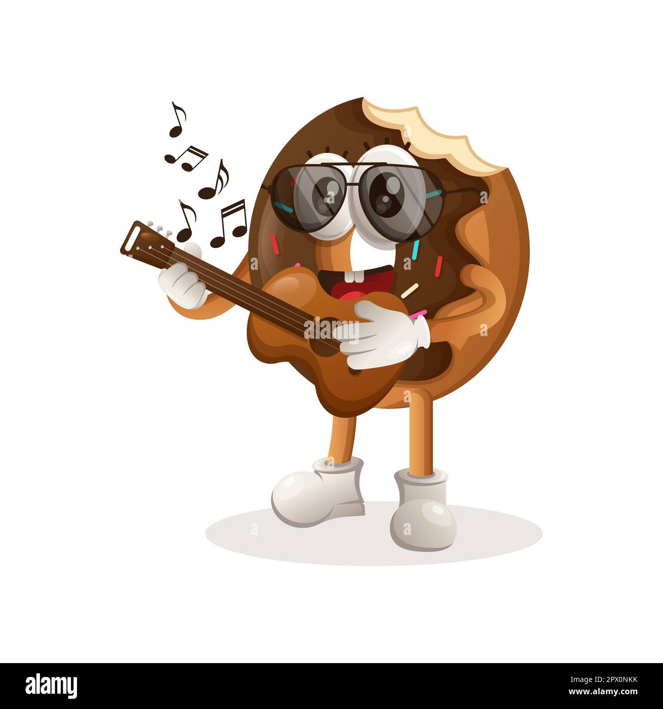 Adorable mascotte de beignet jouant de la guitare. Idéal pour les magasins d'alimentation, les petites entreprises ou le commerce électronique, les marchandises et les autocollants, la promotion de bannière, le blog de revue de nourriture ou Illustration de Vecteur