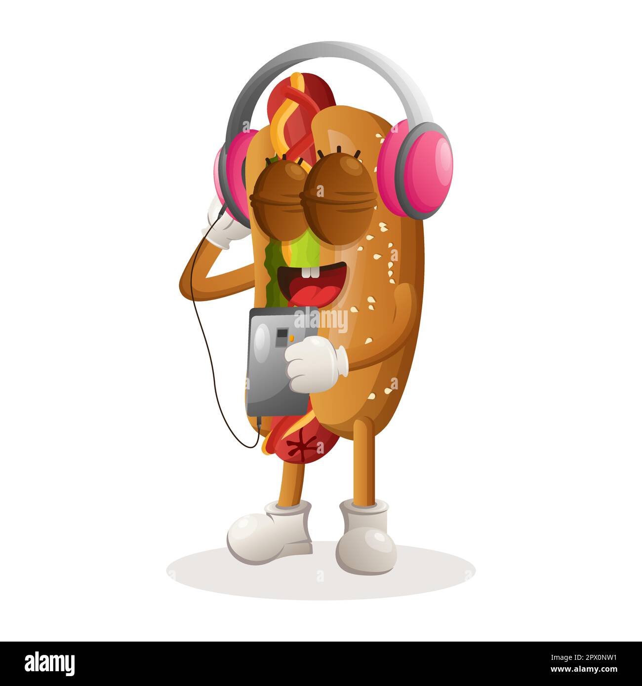 Une adorable mascotte de hot dog écoute de la musique sur un smartphone à l'aide d'un casque. Idéal pour les magasins d'alimentation, les petites entreprises ou le commerce électronique, la marchandise et l'autocollant, b Illustration de Vecteur