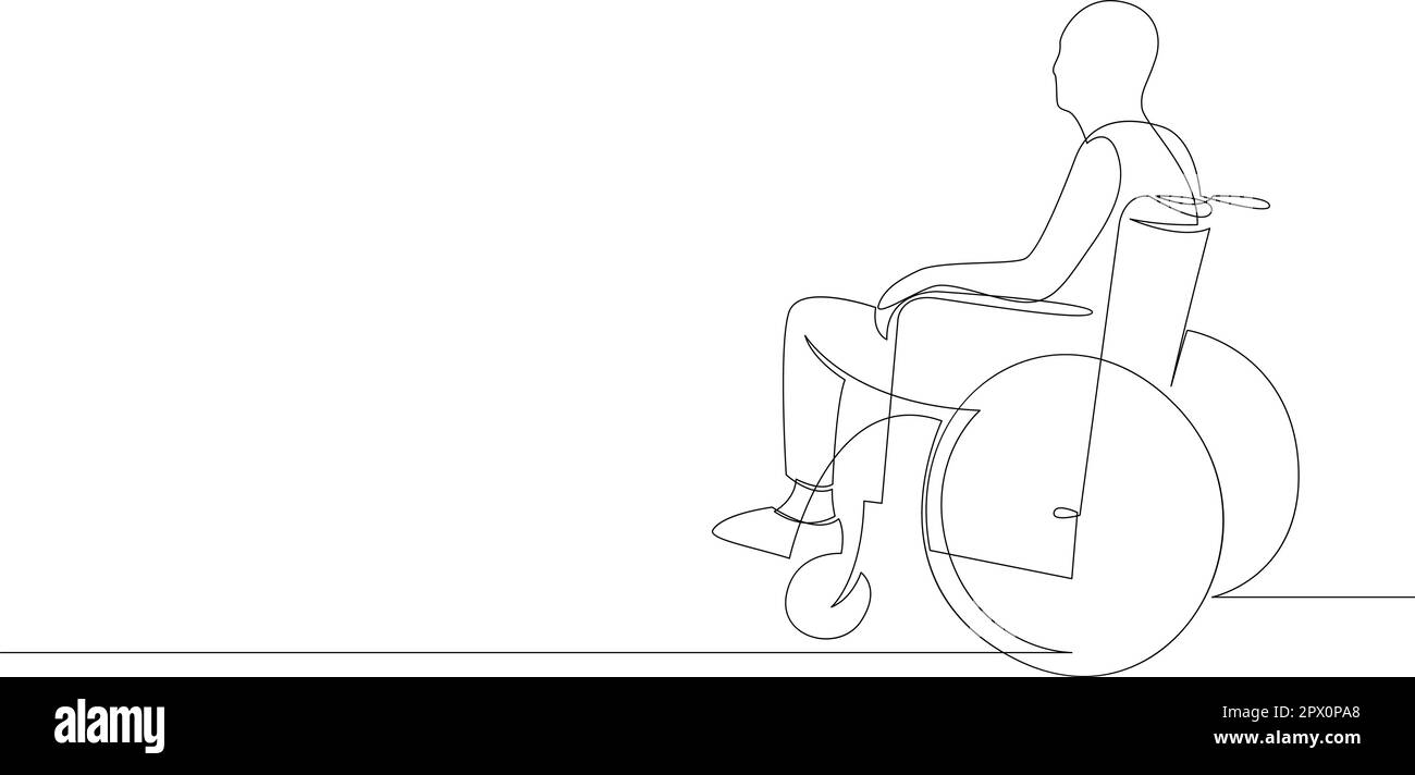 Dessin d'une ligne d'un patient avec fauteuil roulant - tracé de ligne continu. Illustration vectorielle Illustration de Vecteur