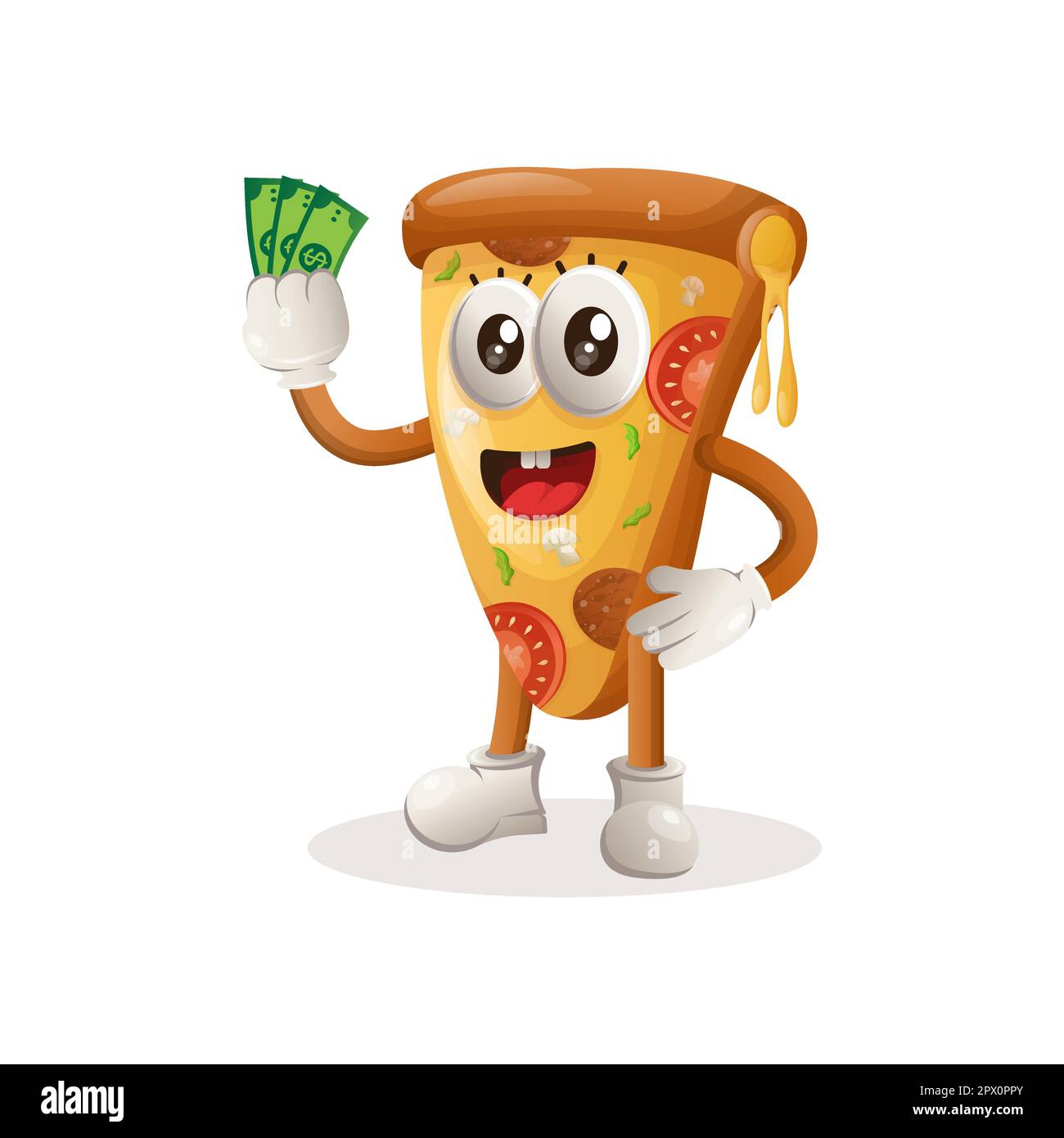 Une jolie mascotte à pizza tenant de l'argent. Idéal pour les magasins d'alimentation, les petites entreprises ou le commerce électronique, les marchandises et les autocollants, la promotion de bannière, le blog de revue de nourriture ou Illustration de Vecteur