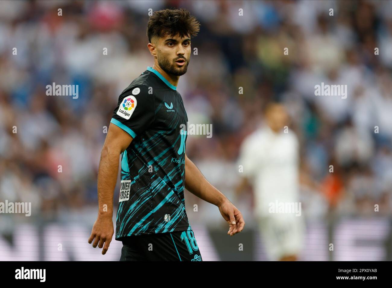 Arnau Puigmal de UD Almeria pendant le match de la Liga entre Real Madrid et UD Almeria joué au stade Santiago Bernabeu sur 29 avril 2023 à Madrid, Espagne. (Photo de Cesar Cebola / PRESSIN) Banque D'Images