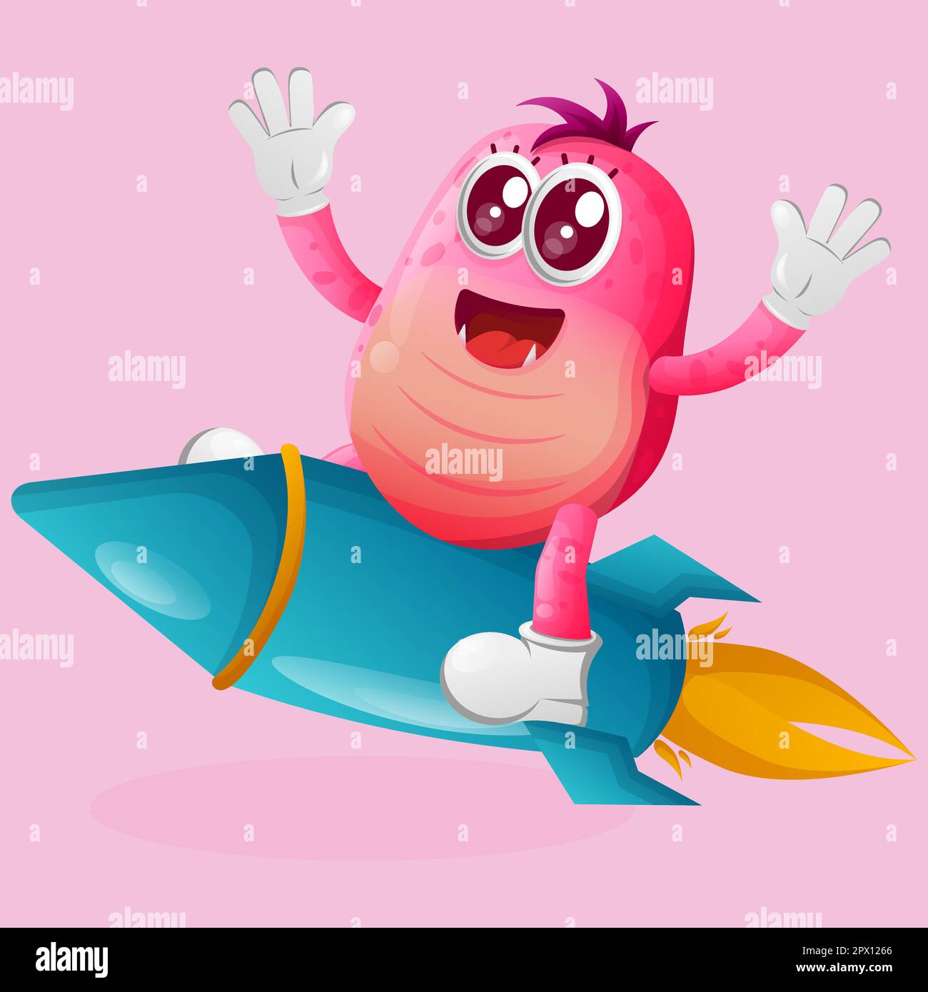 Monstre rose mignon volant sur la fusée. Idéal pour les enfants, les petites entreprises ou le commerce électronique, les marchandises et les autocollants, la promotion de bannière, le blog ou le canal vlog Illustration de Vecteur