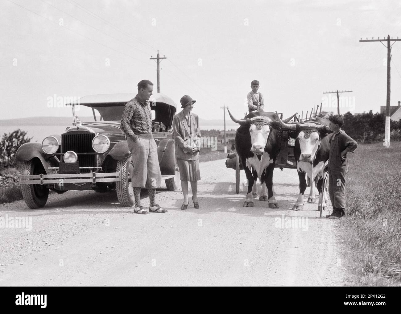 1930S COUPLE DE TOURISTES HOMME ET FEMME S'ARRÊTÈRENT DEBOUT SUR LA ROUTE EN REGARDANT DEUX GARÇONS AVEC CHARIOT DE FERME TIRÉ PAR DEUX BOEUFS QUÉBEC CANADA - M3706 HAR001 HARS 1 WAGON JUVÉNILE CANADA TRAVAIL D'ÉQUIPE VACANCES MODE DE VIE FEMMES FRÈRES MARIÉS CONJOINT RURAL ÉPOUX COPIE ESPACE FEMMES PLEINE LONGUEUR PERSONNES AGRICULTURE HOMMES FRÈRES ET SŒURS TRANSPORT AGRICULTURE B&W PARTENAIRE TEMPS HORS GRAND ANGLE DÉCOUVERTE FORCE FOURCHE VOYAGE ET ESCAPADE FERMIERS LOISIRS TOURISME COMME VACANCES OXEN FRÈRE QUÉBEC UTILISÉ BOVINE CONCEPTUEL DE TOURNÉE TIRANT TIRANT DE VOITURE FORMÉ BULLOCK JUVÉNILES MOYEN-ADULTE HOMME MOYEN-ADULTE FEMME MOYEN-ADULTE OX A ARRÊTÉ LES VACANCES Banque D'Images