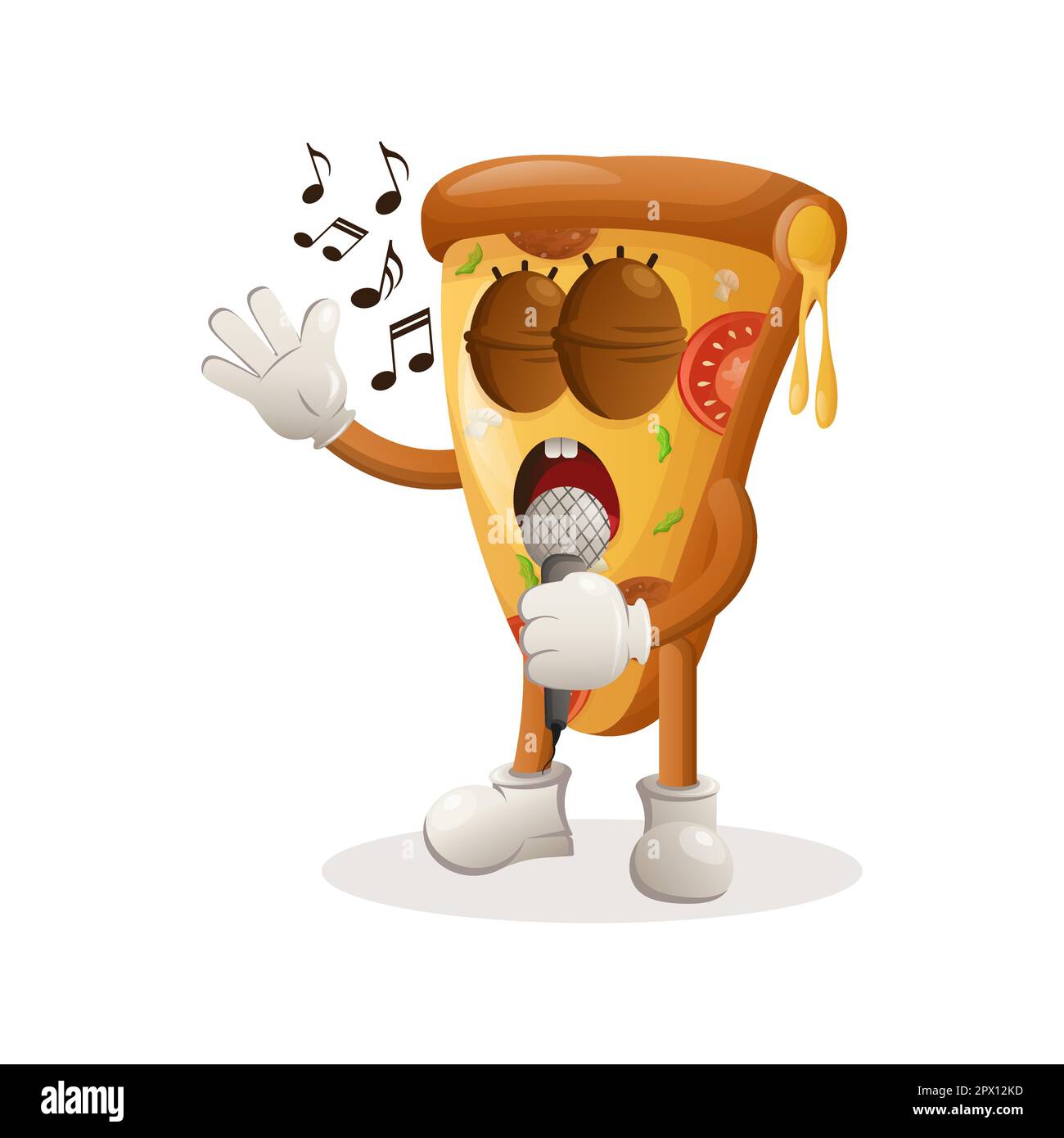 Mignonne pizza mascotte chantant, chantant une chanson. Idéal pour les magasins d'alimentation, les petites entreprises ou le commerce électronique, les marchandises et les autocollants, la promotion des bannières, l'examen des aliments b Illustration de Vecteur