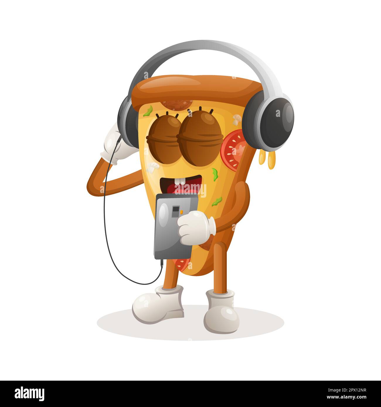 Adorable pizza mascotte écouter de la musique sur un smartphone à l'aide d'un casque. Idéal pour les magasins d'alimentation, les petites entreprises ou le commerce électronique, la marchandise et l'autocollant, ba Illustration de Vecteur