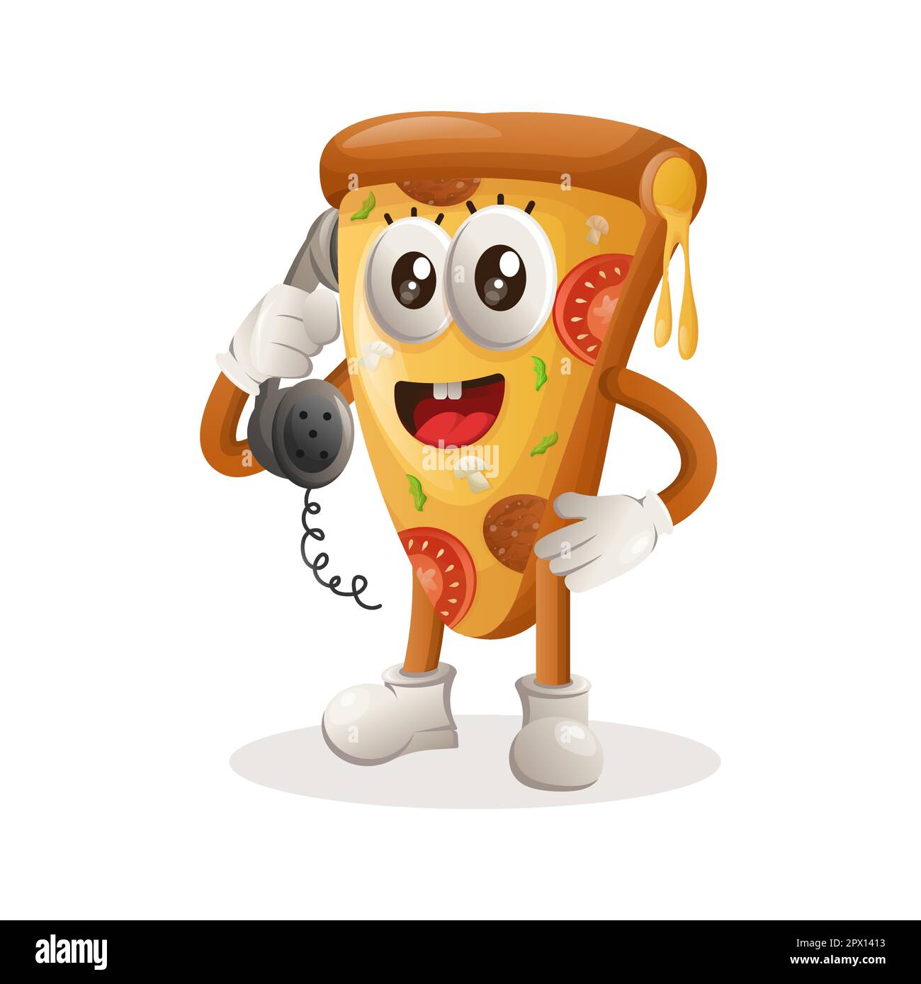 Une adorable pizza mascotte prend le téléphone, répond aux appels téléphoniques. Idéal pour les magasins d'alimentation, les petites entreprises ou le commerce électronique, la marchandise et l'autocollant, le bal de bal Illustration de Vecteur