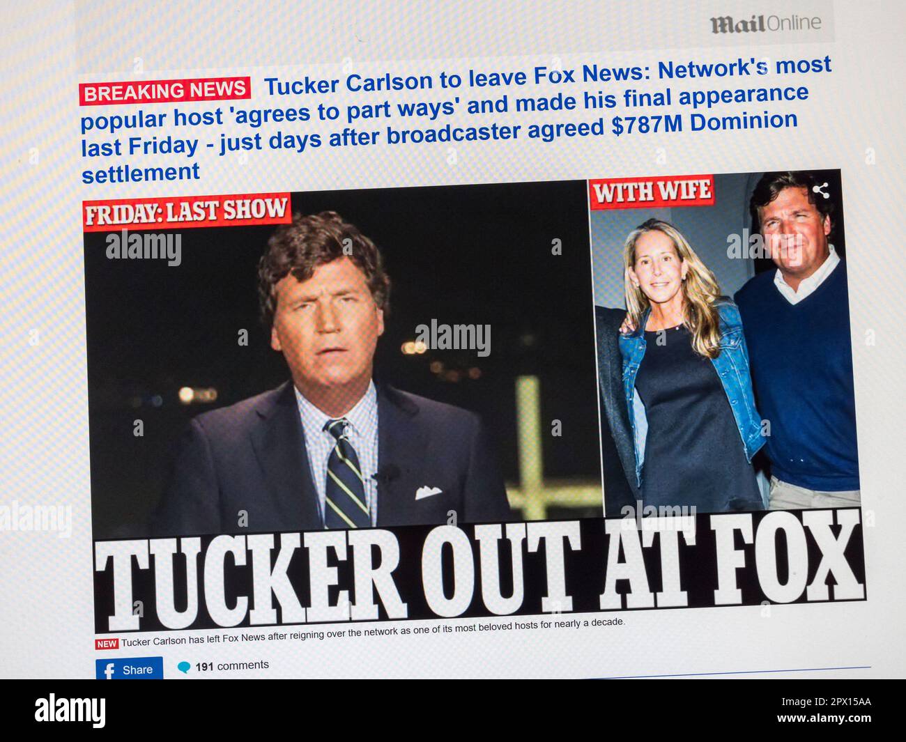 Réaction sur Daily Mail site Web en ligne avec des nouvelles de dernière minute à la suite du Fox News sacking du présentateur Tucker Carlson le 24th avril 2023. Banque D'Images