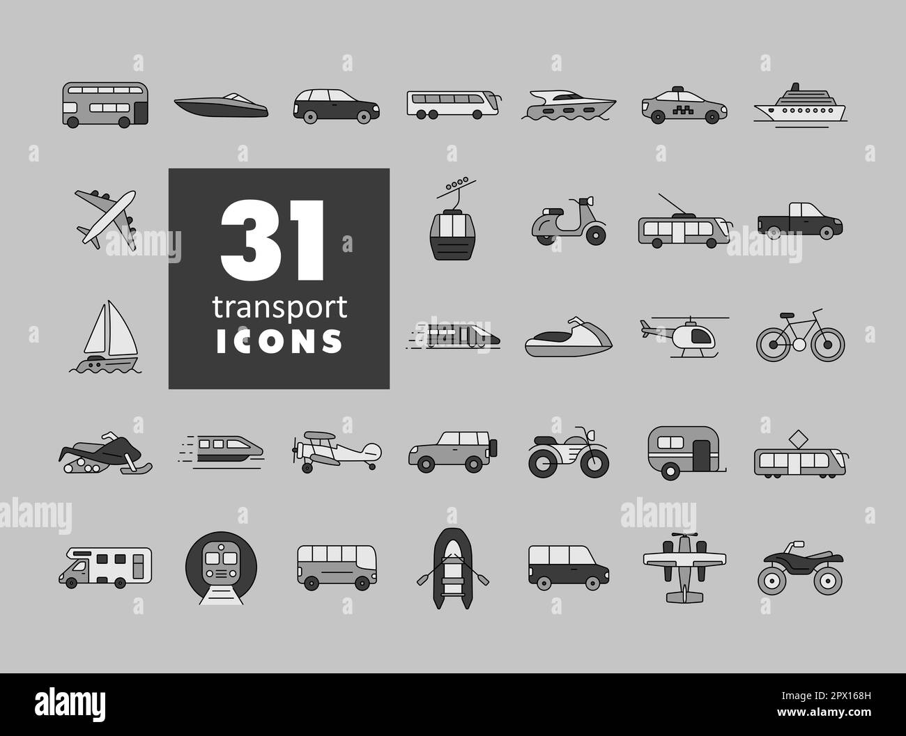 Jeu d'icônes de niveaux de gris vecteur de transport. Symbole graphique pour la conception, le logo, l'application, l'interface utilisateur du site Web et des applications de voyage et de tourisme Banque D'Images