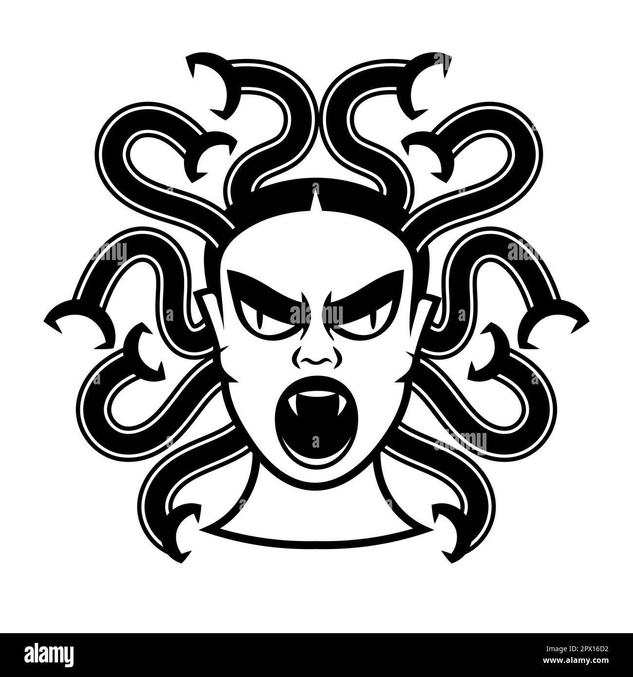 Medusa Gorgon tête sur un bouclier dessin à la main art ligne et point travail tatouage ou impression design isolé illustration vectorielle. Gorgoneion est un amulet protecteur Illustration de Vecteur