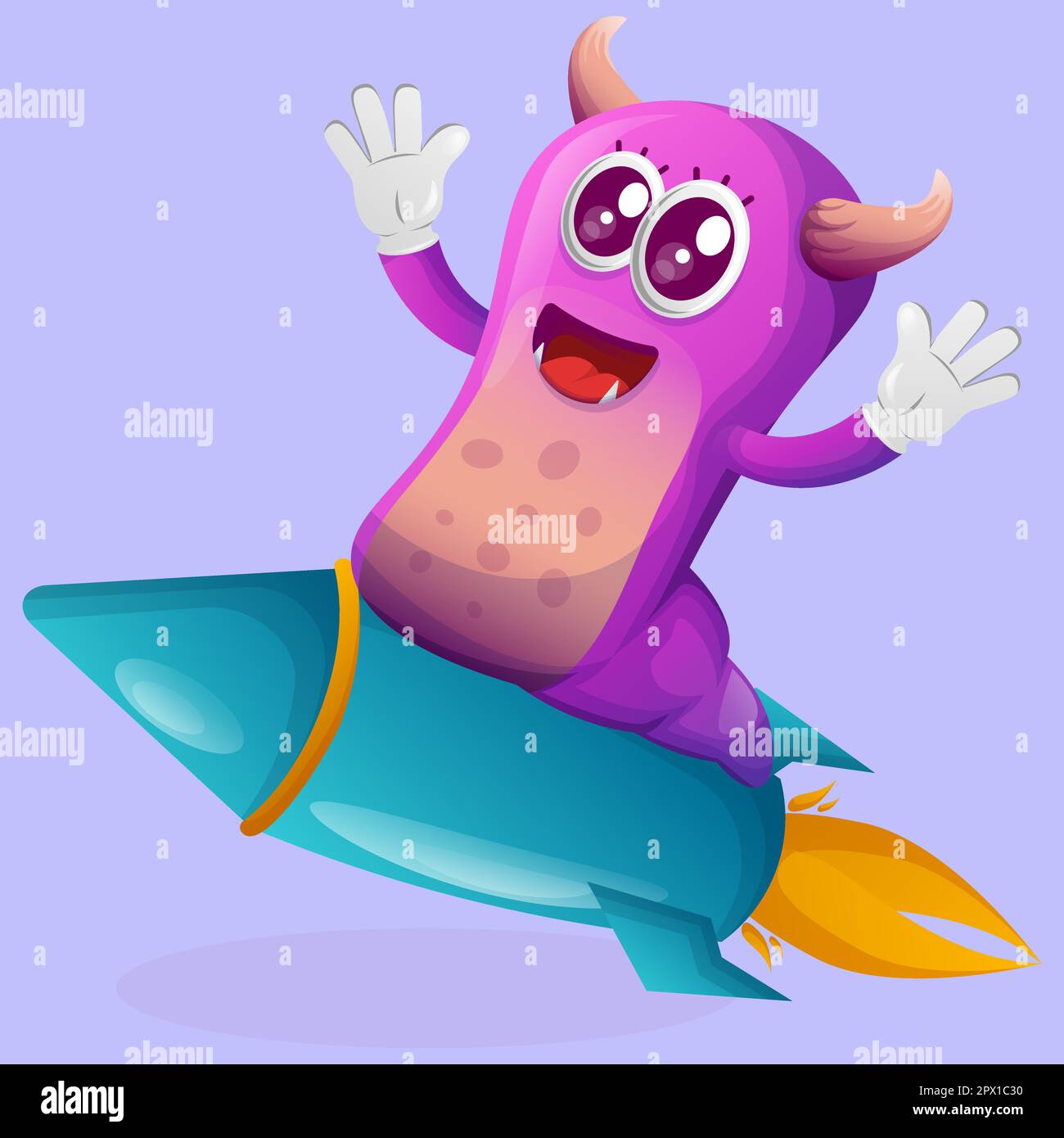 Monstre violet mignon volant sur la fusée. Idéal pour les enfants, les petites entreprises ou le commerce électronique, les marchandises et les autocollants, la promotion de bannière, le blog ou le canal vlog Illustration de Vecteur
