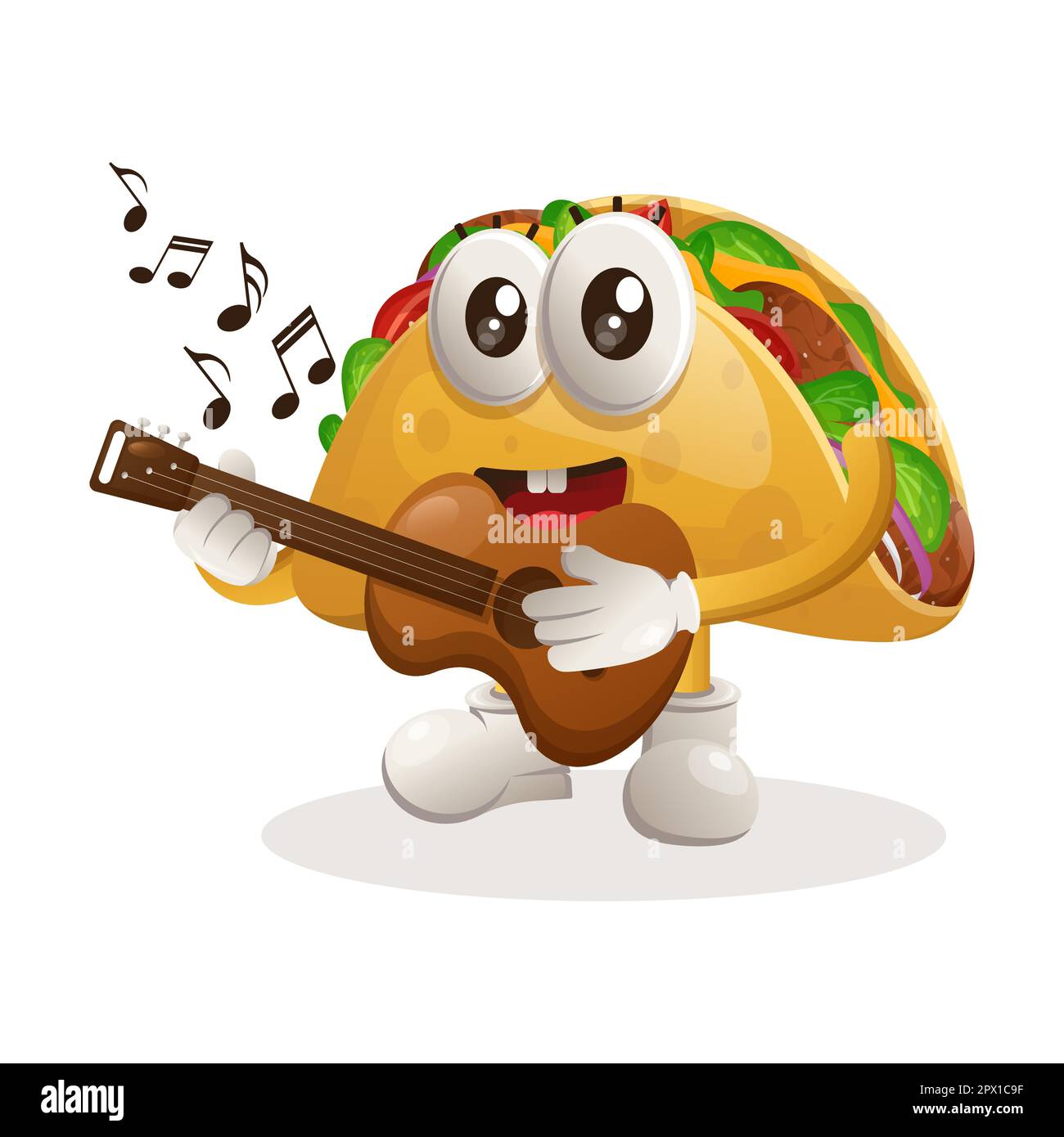 Mignon taco mascotte jouant de la guitare. Idéal pour les magasins d'alimentation, les petites entreprises ou le commerce électronique, les marchandises et les autocollants, la promotion de bannière, le blog de revue de nourriture ou Illustration de Vecteur