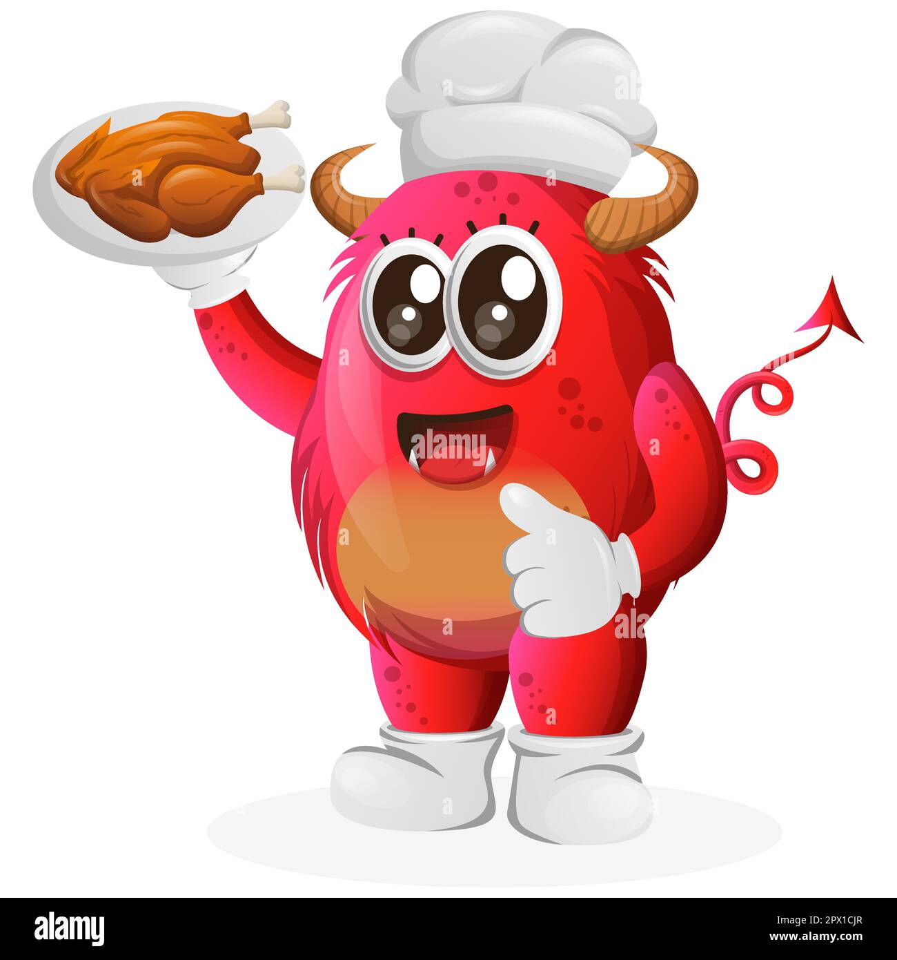 Mignon monstre rouge, chef servant de la nourriture. Idéal pour les enfants, les petites entreprises ou le commerce électronique, les marchandises et les autocollants, la promotion de bannière, le blog ou le canal vlog Illustration de Vecteur