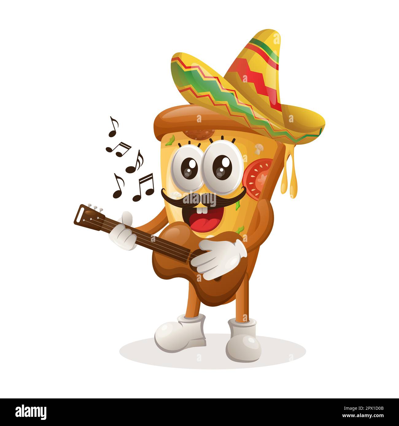 Jolie mascotte à pizza portant un chapeau mexicain avec guitare. Idéal pour les magasins d'alimentation, les petites entreprises ou le commerce électronique, les marchandises et les autocollants, les bannières promotionnelles Illustration de Vecteur