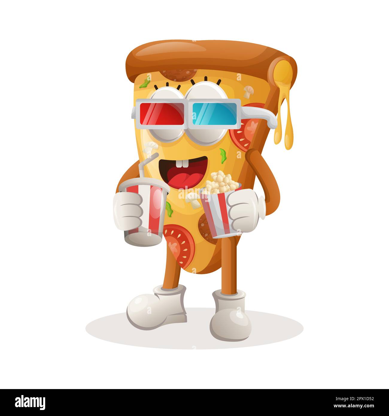 Adorable pizza mascotte regarder un film avec du soda et du pop-corn. Idéal pour les magasins d'alimentation, les petites entreprises ou le commerce électronique, la marchandise et l'autocollant, la bannière Illustration de Vecteur