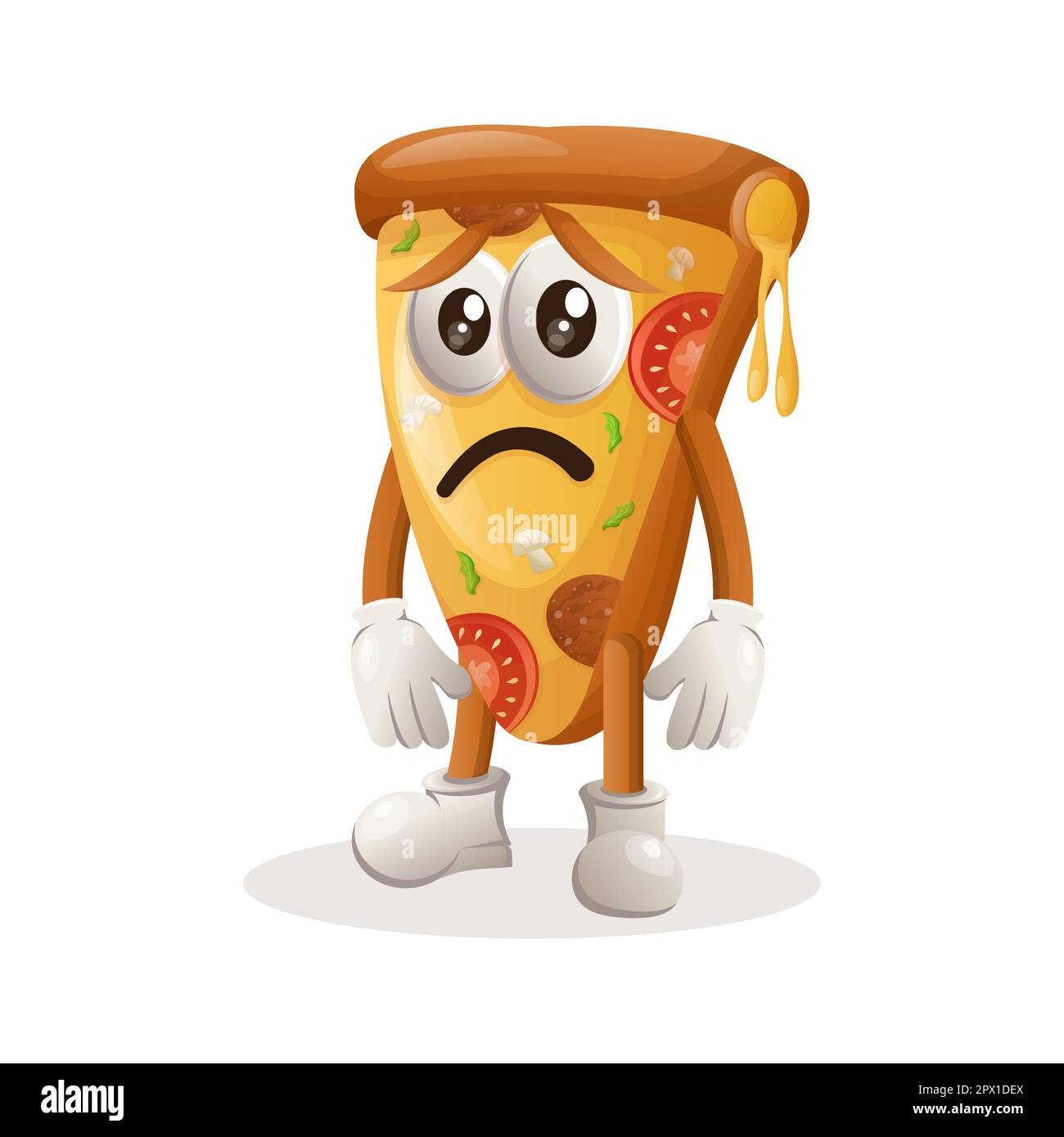 Une jolie mascotte à pizza avec une expression triste. Idéal pour les magasins d'alimentation, les petites entreprises ou le commerce électronique, la marchandise et l'autocollant, la promotion des bannières, l'évaluation des aliments bl Illustration de Vecteur