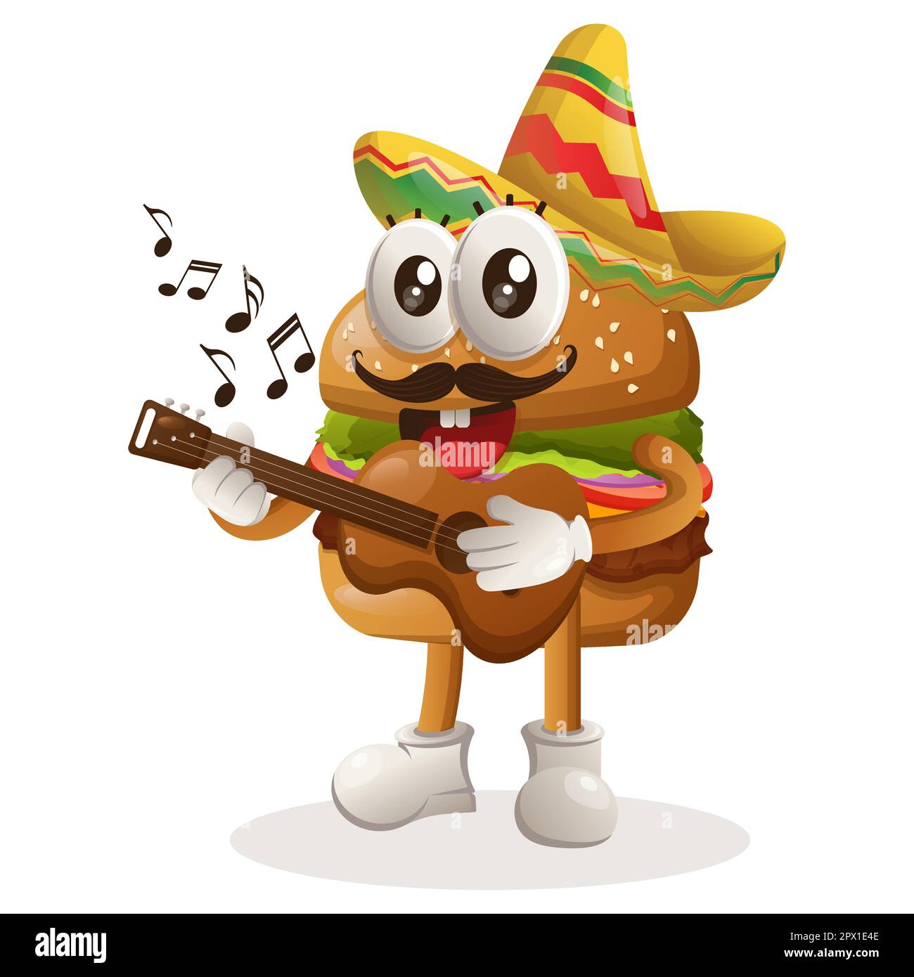 Hamburger mignon portant un chapeau mexicain avec de la guitare. Idéal pour les magasins d'alimentation, les petites entreprises ou le commerce électronique, la marchandise et l'autocollant, la promotion de bannières, Illustration de Vecteur