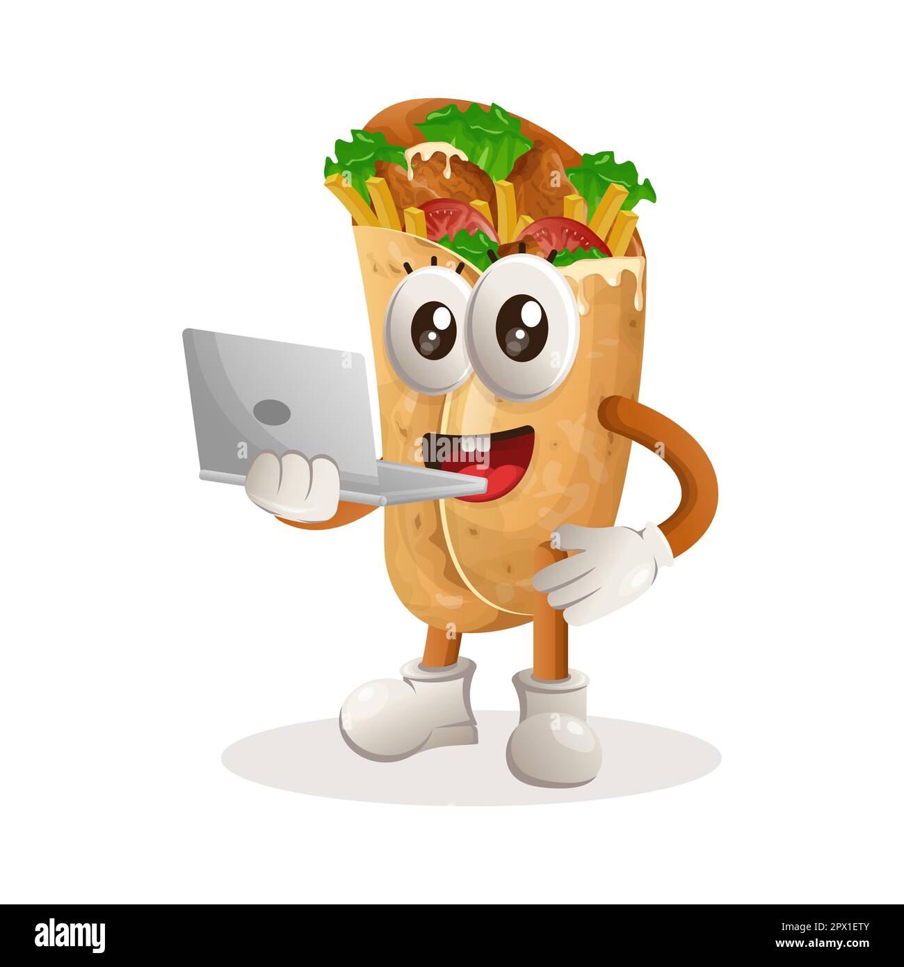 Adorable mascotte burrito fonctionnant avec un ordinateur portable. Idéal pour les magasins d'alimentation, les petites entreprises ou le commerce électronique, la marchandise et l'autocollant, la promotion de bannière, la restauration Illustration de Vecteur