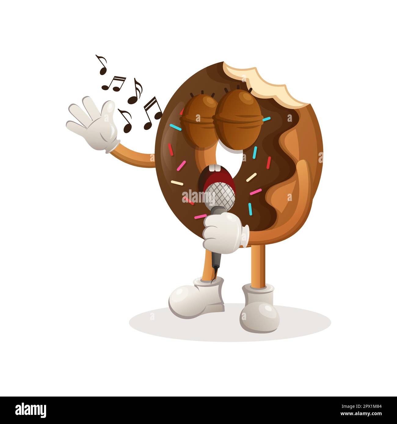 Mignon mascotte de beignet chantant, chantant une chanson. Idéal pour les magasins d'alimentation, les petites entreprises ou le commerce électronique, les marchandises et les autocollants, la promotion des bannières, l'examen des aliments b Illustration de Vecteur