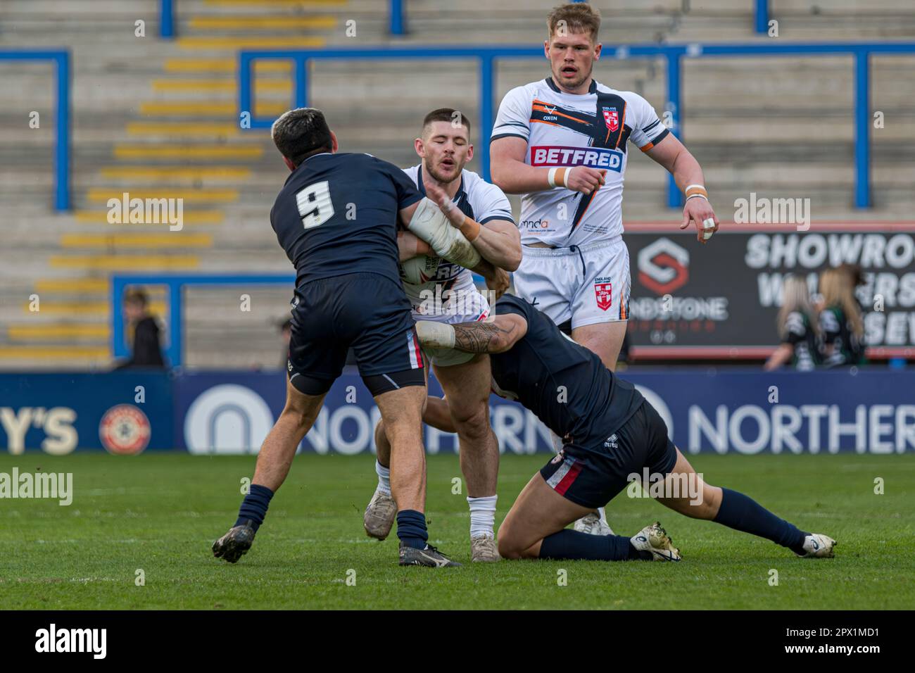 Stade Halliwell Jones, Warrington, Angleterre. 29th avril 2023. Angleterre contre France, Rugby League, Mid-Season International. Crédit : Mark Percy/Alay Banque D'Images