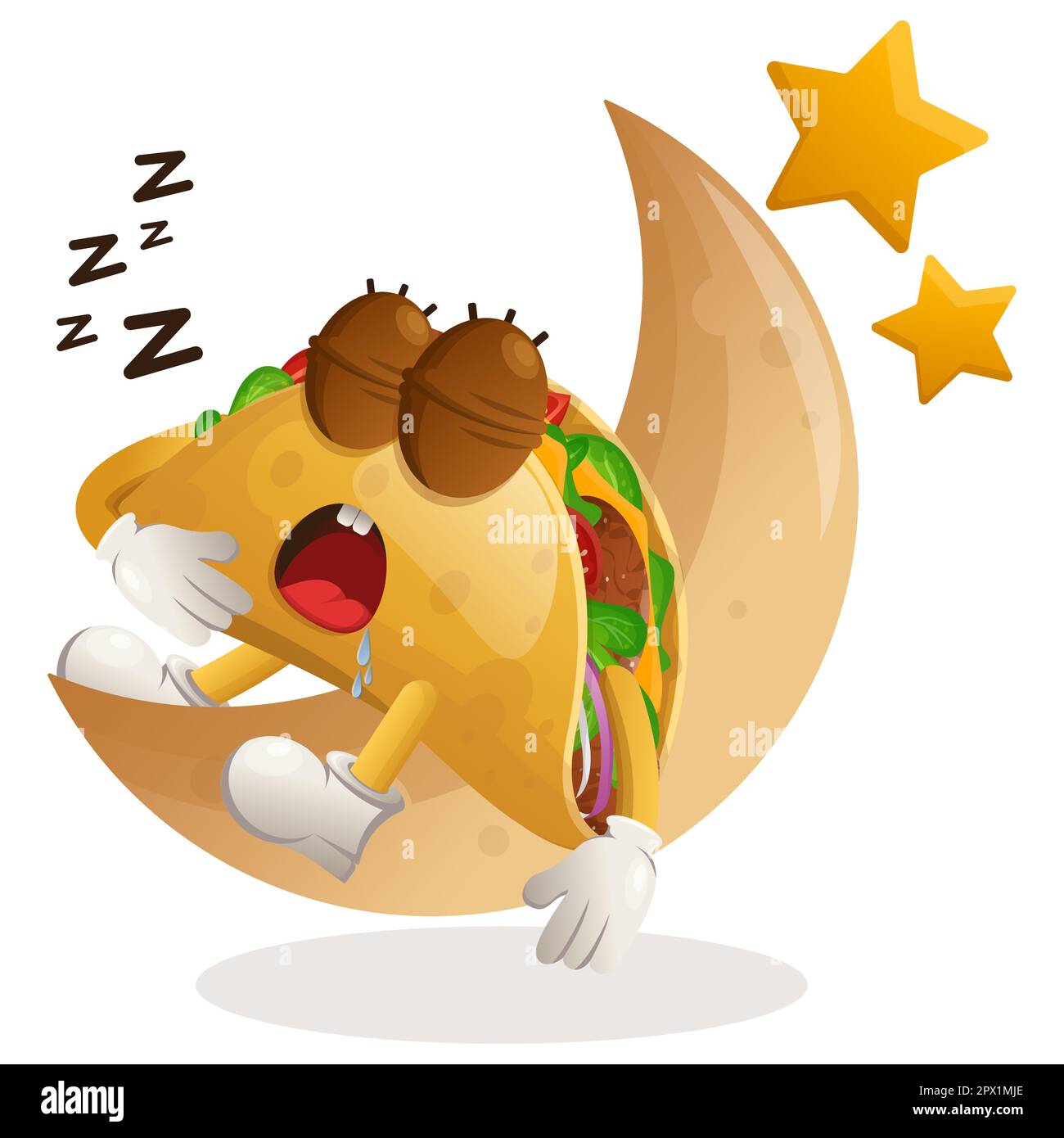 Jolie mascotte taco dormant, dormant sur la lune. Idéal pour les magasins d'alimentation, les petites entreprises ou le commerce électronique, la marchandise et l'autocollant, la promotion de bannière, la nourriture Illustration de Vecteur