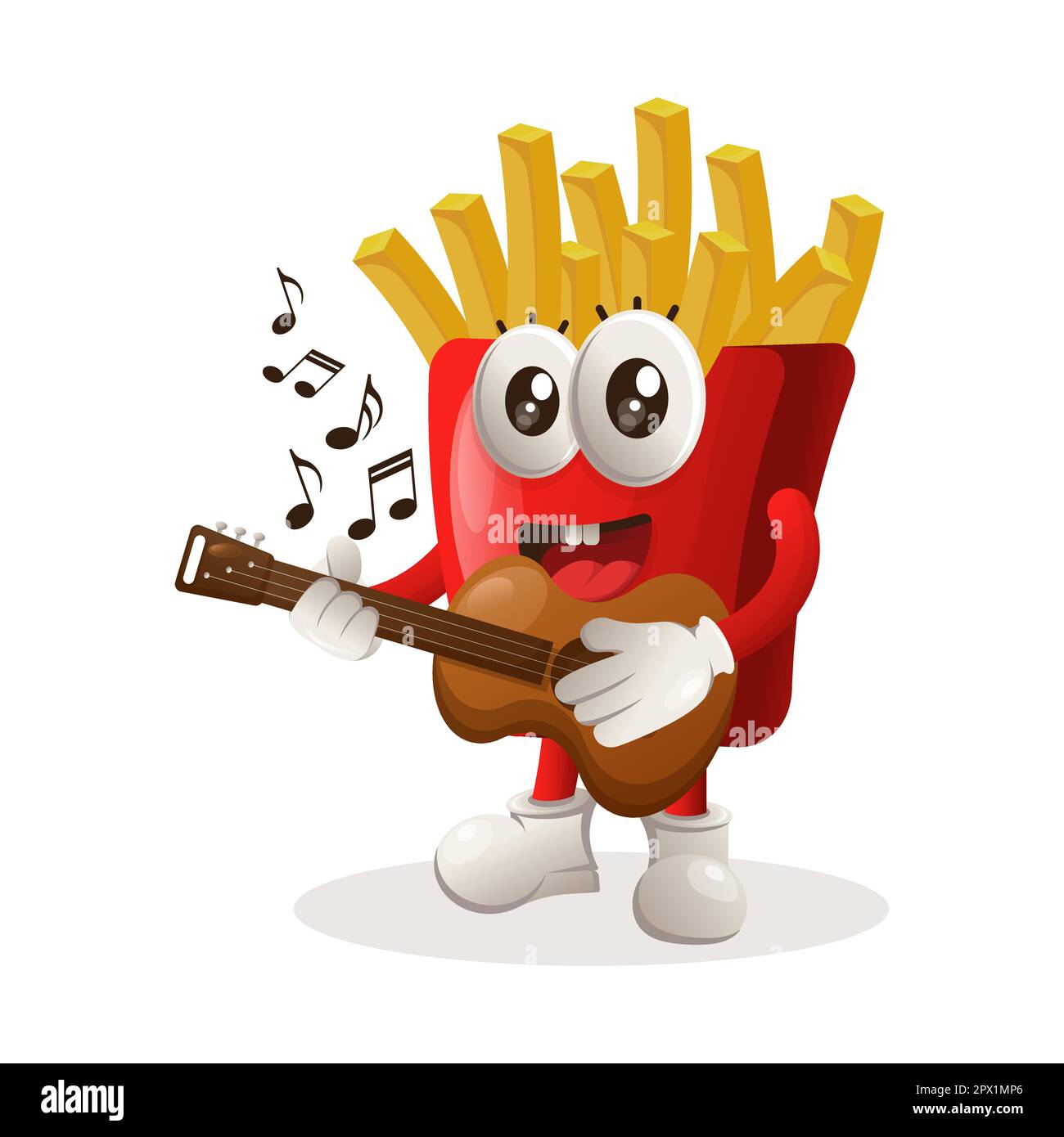 Adorable mascotte frites jouant de la guitare. Idéal pour les magasins d'alimentation, les petites entreprises ou le commerce électronique, la marchandise et l'autocollant, la promotion des bannières, l'examen des aliments Illustration de Vecteur