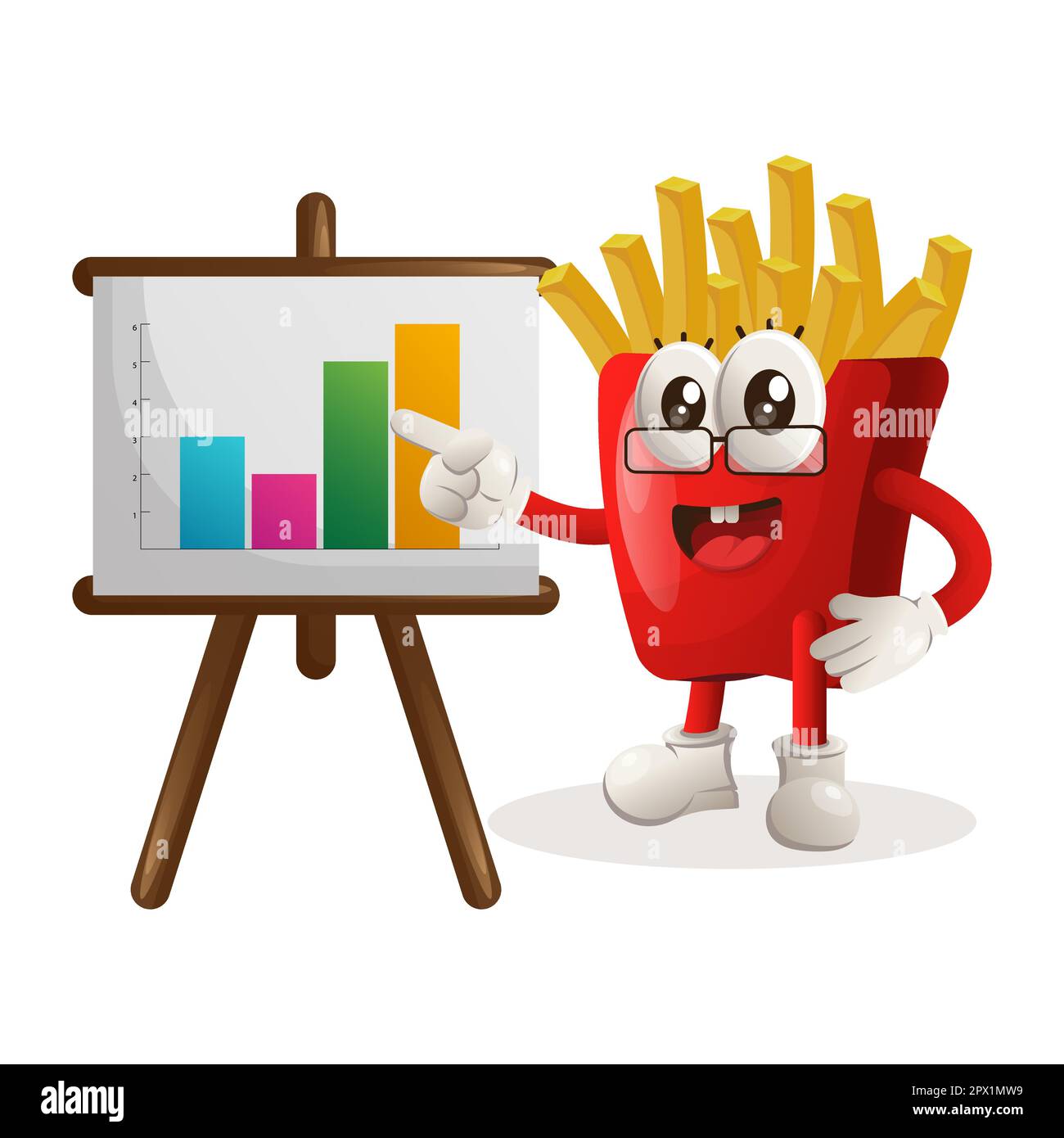 La mascotte des frites donne une présentation de rapport, montre des graphiques de colonne. Idéal pour les magasins d'alimentation, les petites entreprises ou le commerce électronique, la marchandise et le bâton Illustration de Vecteur