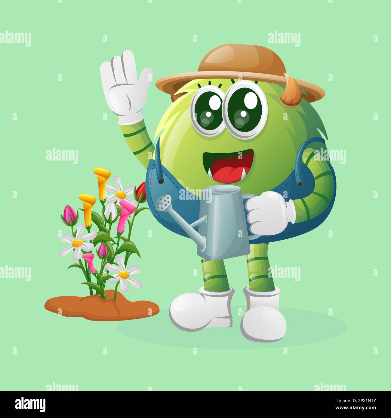 Joli vert monstre jardinage prenant soin des plantes. Idéal pour les enfants, les petites entreprises ou l'e-commerce, la marchandise et l'autocollant, la promotion de bannière, blog ou Illustration de Vecteur
