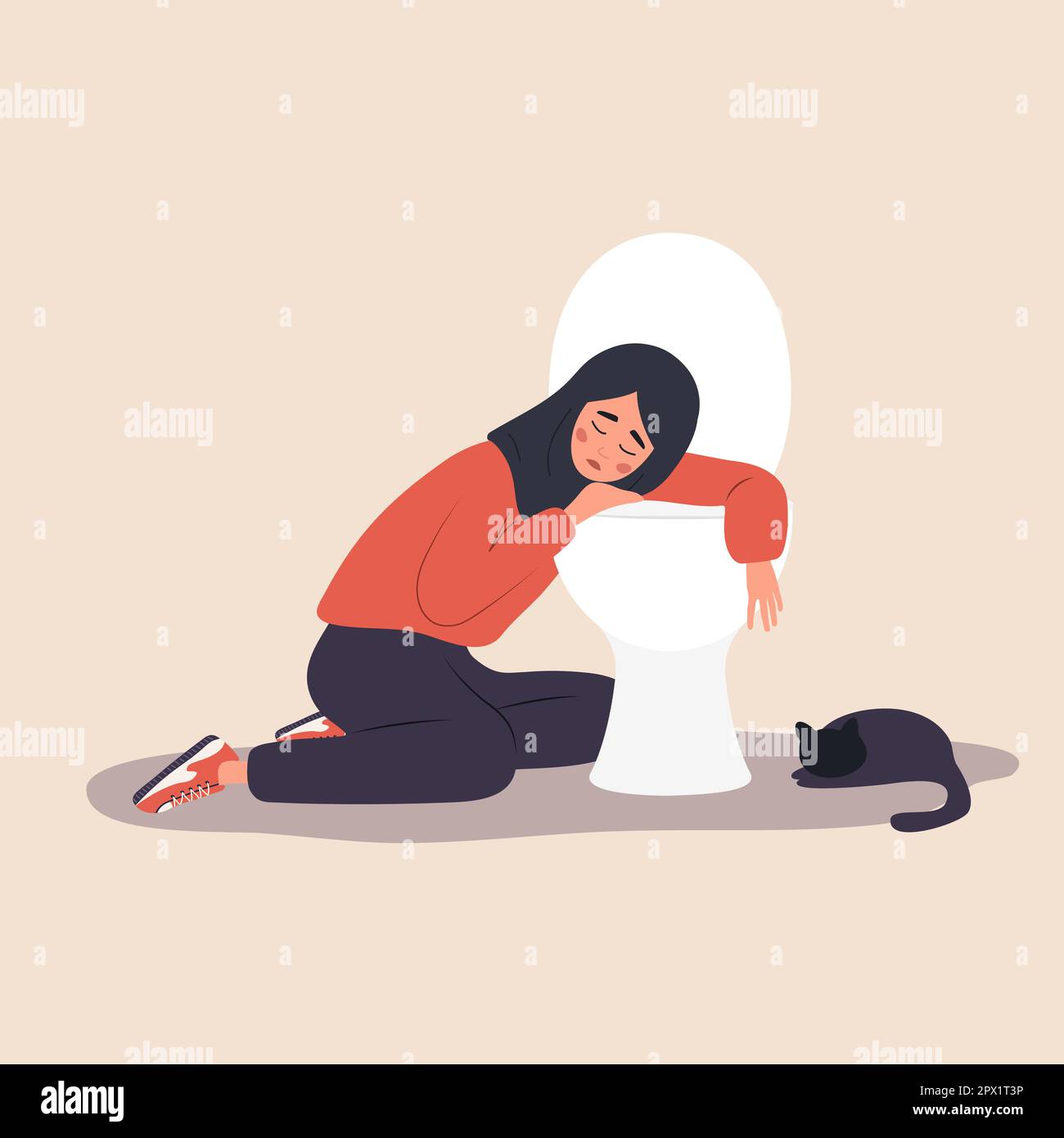 Troubles de l'alimentation. Femme arabe malsaine assise sur le sol penchée sur les toilettes et sentant des nausées de la nourriture. Boulimie ou anorexie concept. Fille avec Illustration de Vecteur