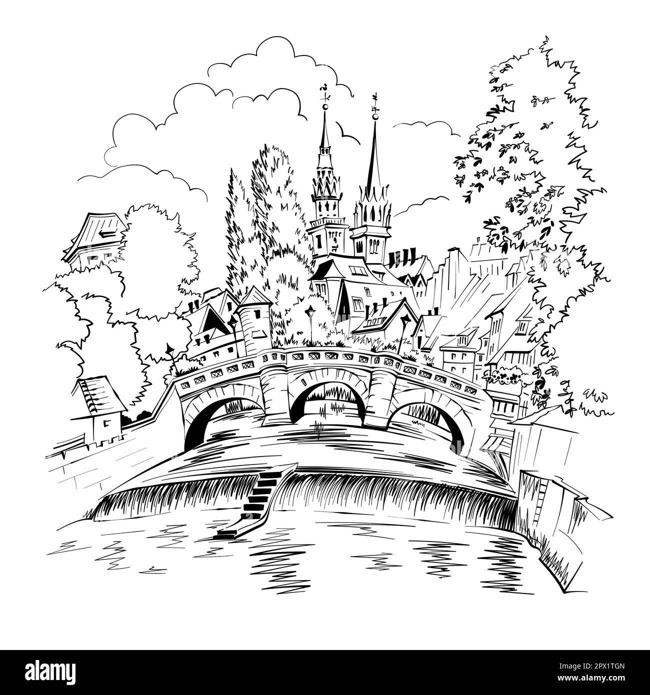 Croquis noir et blanc de la vieille ville de Nuremberg avec le pont Max et l'église St Laurence, Bavière, Allemagne Banque D'Images