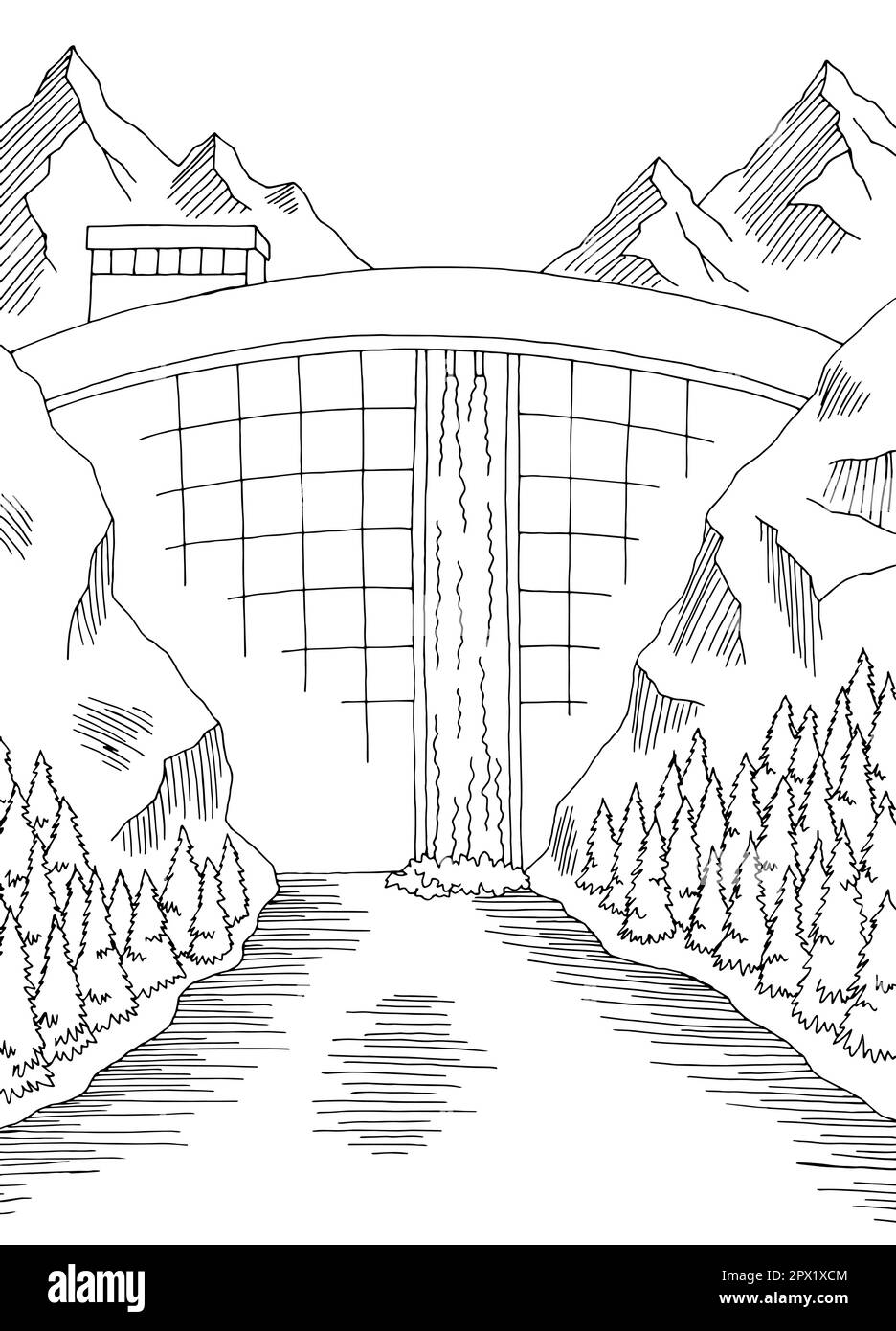 Barrage hydroélectricité rivière graphique noir blanc vertical paysage dessin vecteur d'illustration Illustration de Vecteur
