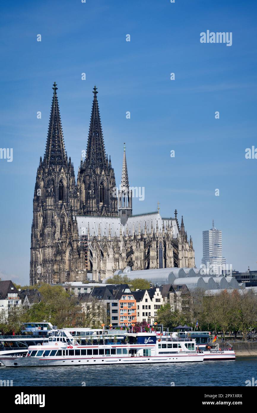 cologne, allemagne avril 30 2023: Bateaux d'excursion décorés sur les rives du rhin en face de la cathédrale de Cologne dans la vieille ville de cologne Banque D'Images