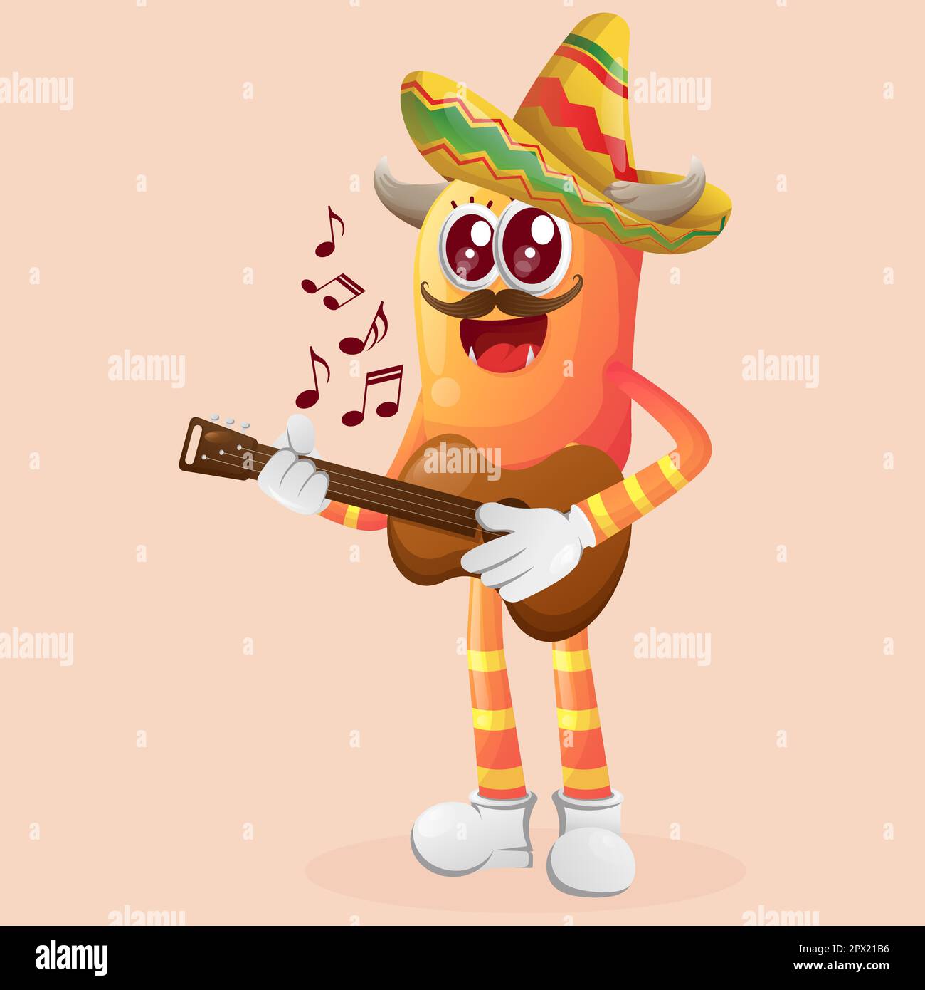 Mignon monstre orange portant chapeau mexicain avec guitare. Idéal pour les enfants, les petites entreprises ou le commerce électronique, la marchandise et l'autocollant, la promotion de bannière Illustration de Vecteur