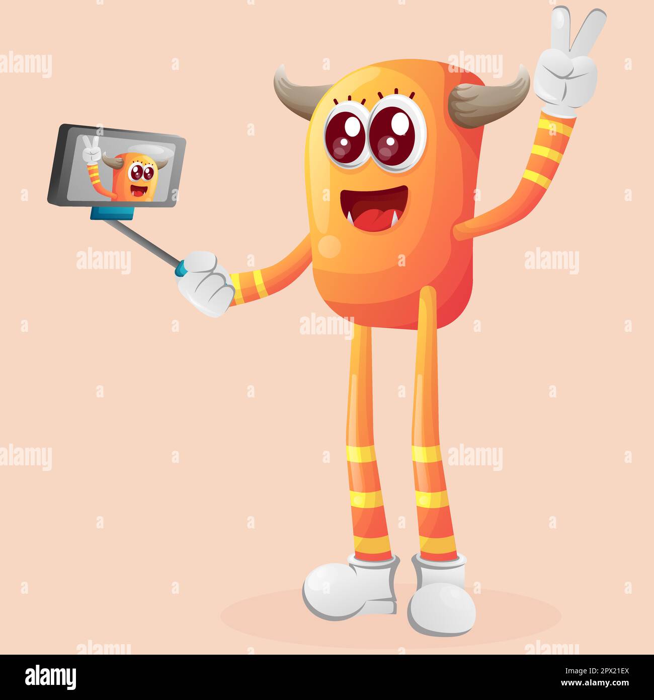 Un monstre orange mignon prend un selfie avec un smartphone. Idéal pour les enfants, les petites entreprises ou le commerce électronique, la marchandise et l'autocollant, la promotion de bannière Illustration de Vecteur