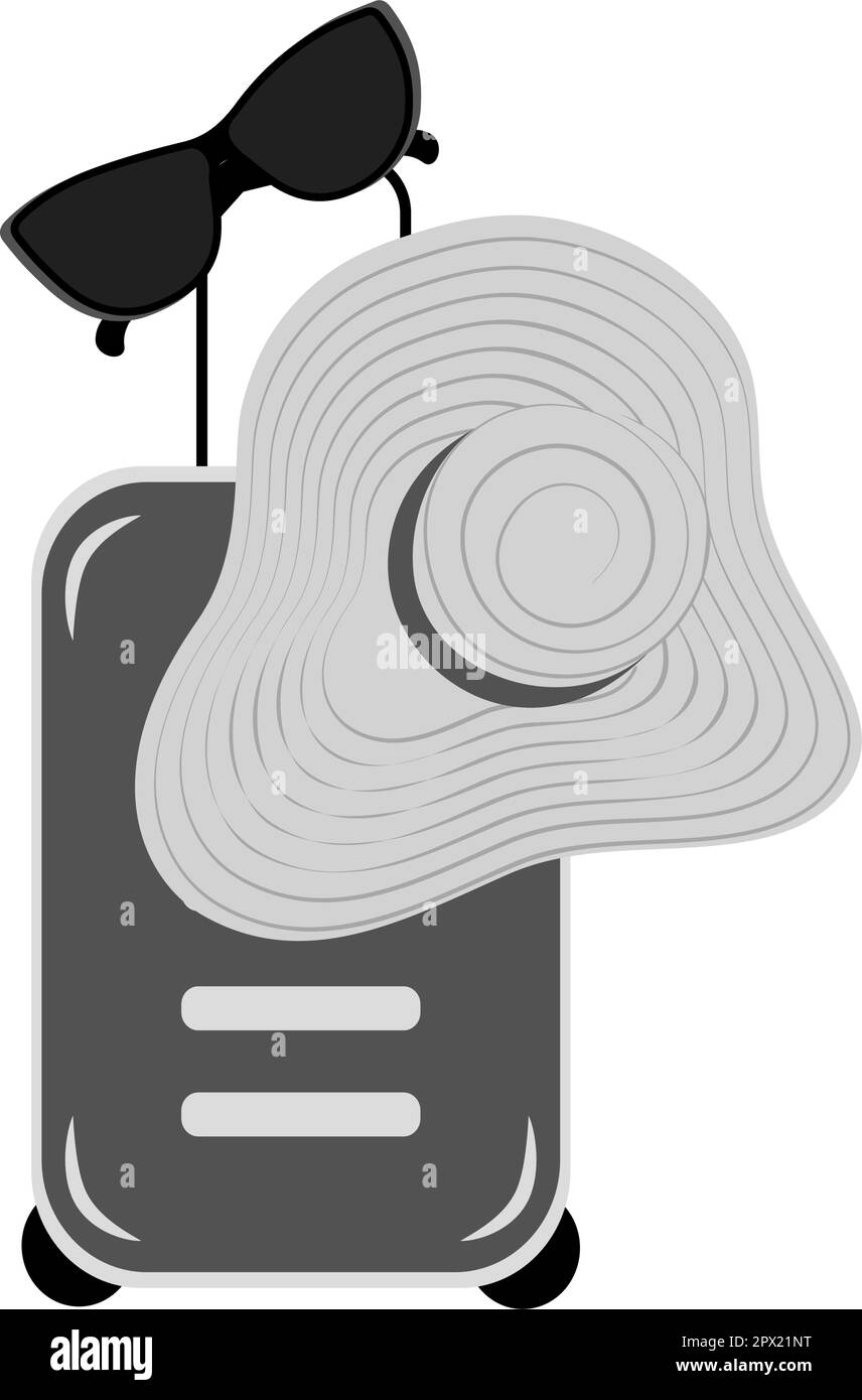 Ensemble de valises de voyage sur roulettes avec poignée, chapeau à large bord et lunettes de soleil en niveaux de gris. Autocollant. Icône. Isoler. Bonne journée internationale des douanes. Journée mondiale du tourisme. Jour de la valise. Vecteur. EPS Illustration de Vecteur