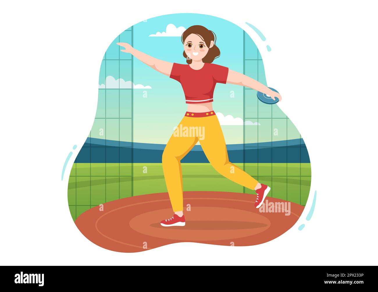 Discus lancer jouer Athletics Illustration avec jeter une plaque en bois dans le championnat de sport Flat Cartoon Templates dessinées à la main Banque D'Images