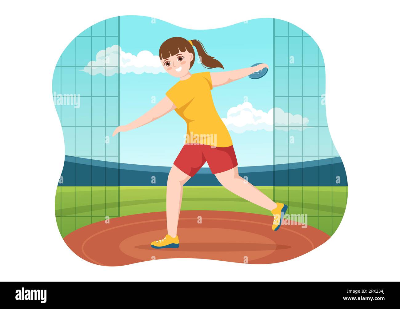 Discus lancer jouer Athletics Illustration avec jeter une plaque en bois dans le championnat de sport Flat Cartoon Templates dessinées à la main Banque D'Images