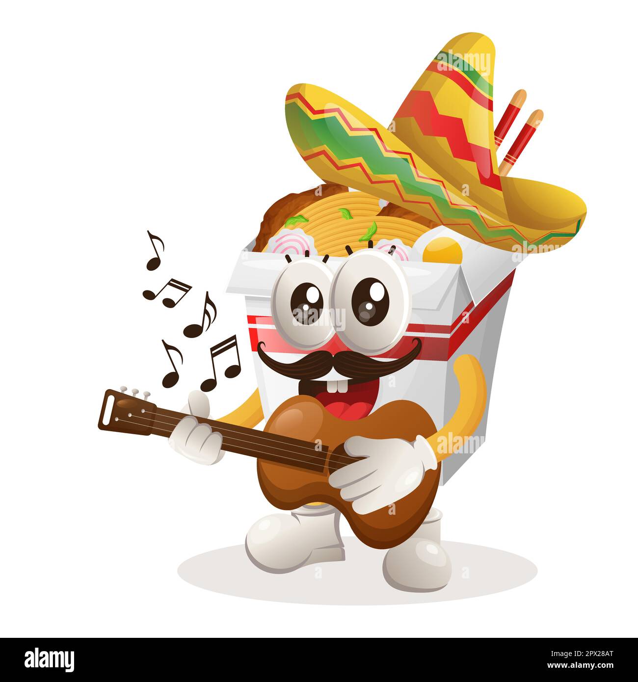 Jolie mascotte ramen portant un chapeau mexicain avec une guitare. Idéal pour les magasins d'alimentation, les petites entreprises ou le commerce électronique, les marchandises et les autocollants, les bannières promotionnelles Illustration de Vecteur