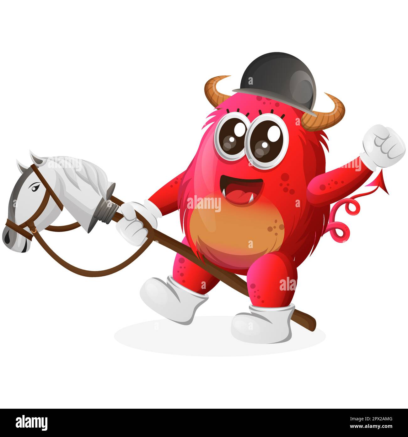 Mignon monstre rouge jouant avec le cheval jouet. Idéal pour les enfants, les petites entreprises ou le commerce électronique, la marchandise et l'autocollant, la promotion de bannière, le blog ou le chann de vlog Illustration de Vecteur