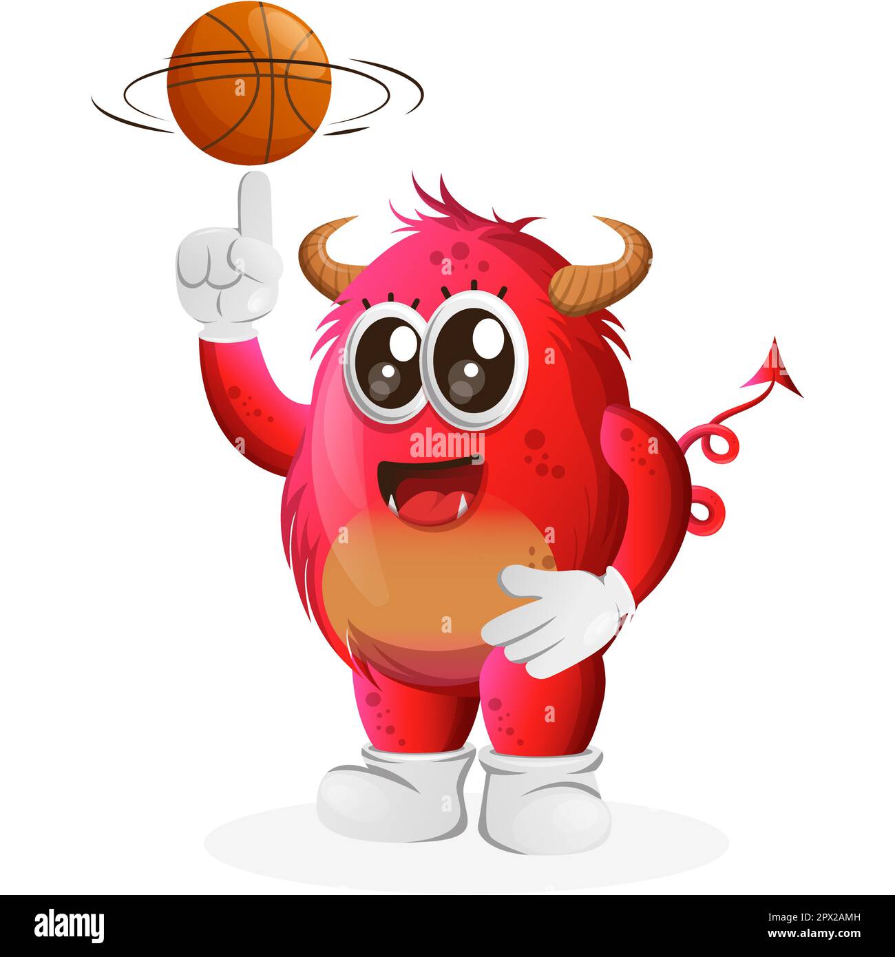 Mignon monstre rouge jouant au basket-ball, freestyle avec le ballon. Idéal pour les enfants, les petites entreprises ou le commerce électronique, la marchandise et l'autocollant, la promotion de bannière, b Illustration de Vecteur