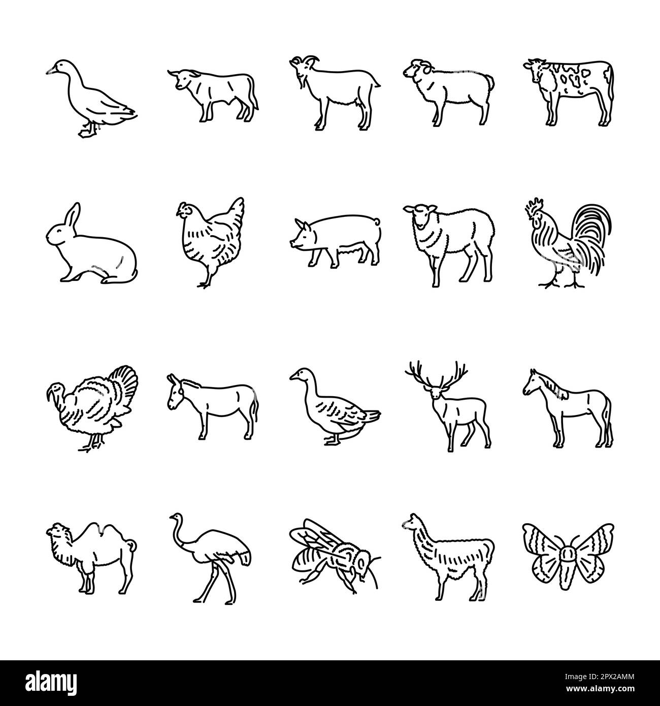 Jeu d'icônes de la ligne noire des animaux de ferme. Pictogramme pour page Web, application mobile, Promo. Illustration de Vecteur