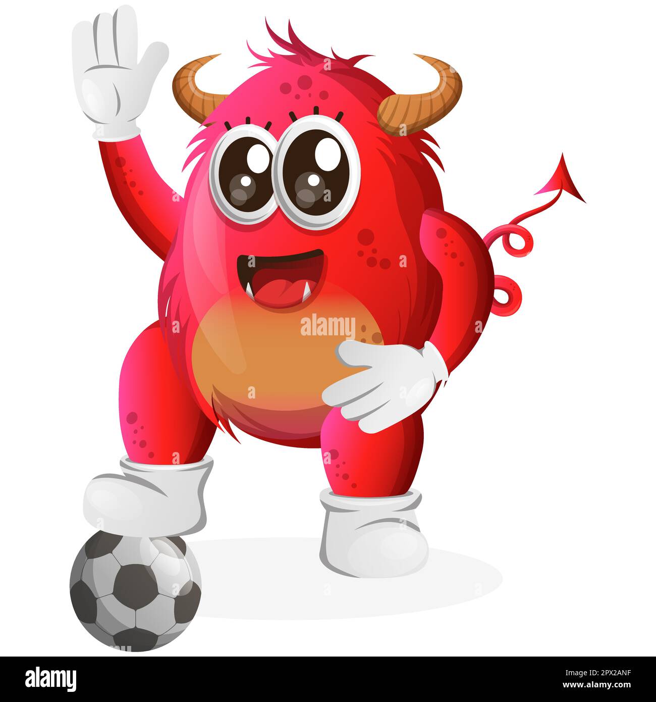 Joli monstre rouge jouer au football, ballon de football. Idéal pour les enfants, les petites entreprises ou l'e-commerce, la marchandise et l'autocollant, la promotion de bannière, blog ou vlog c Illustration de Vecteur