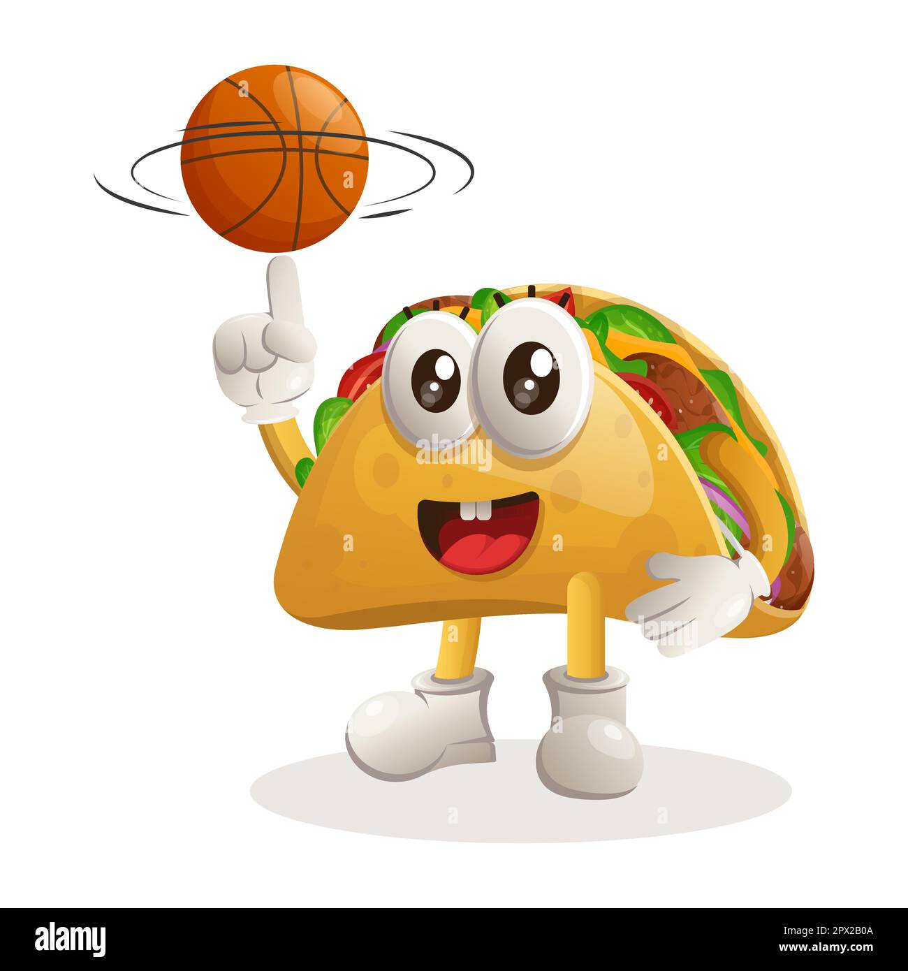 Adorable mascotte taco jouant au basket-ball, freestyle avec balle. Idéal pour les magasins d'alimentation, les petites entreprises ou le commerce électronique, les marchandises et les autocollants, les bannières promotionnelles Illustration de Vecteur