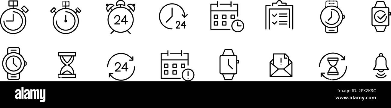 Applications de calendrier et d'horloge de l'heure et de la date. Planification et échéance. Icônes de ligne de contour pixel Perfect, modifiables Illustration de Vecteur