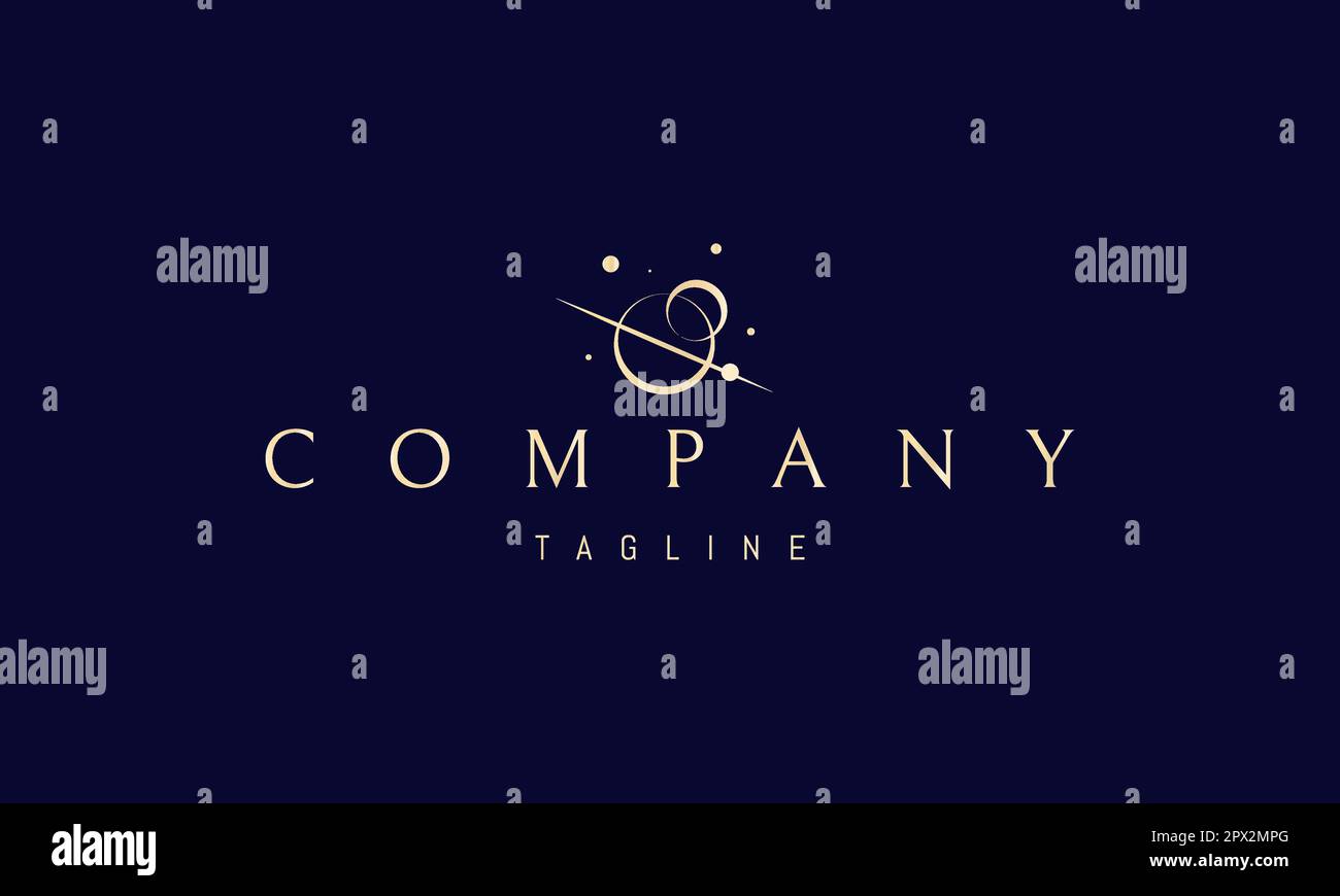 Logo vectoriel doré sur lequel une image abstraite d'une planète avec un satellite dans un style linéaire. Illustration de Vecteur